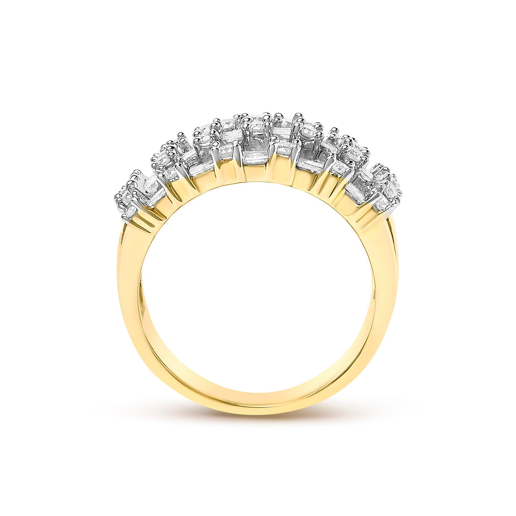 14K Yellow Gold 1.0 Cttw Round and Baguette Diamond Multi-Row Band Ring
