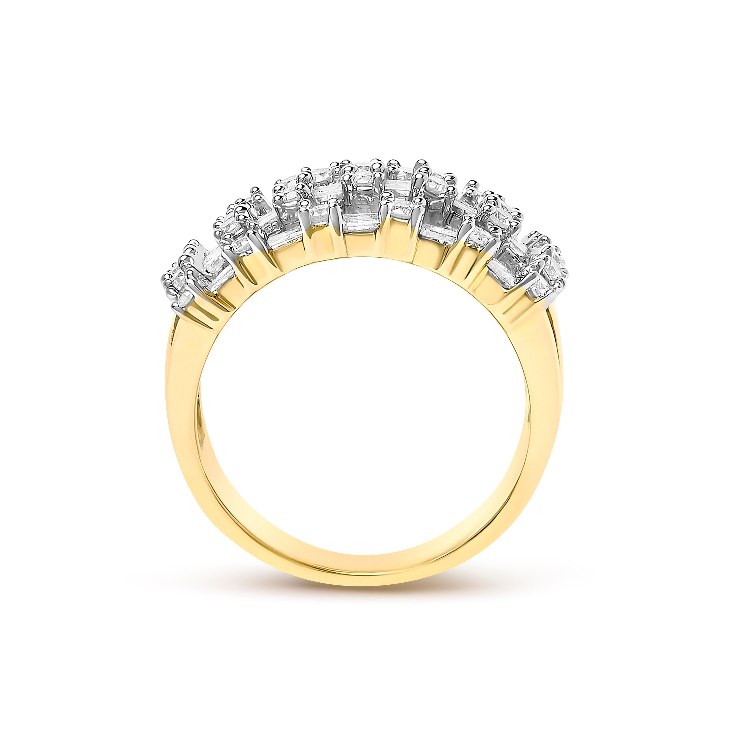 14K Yellow Gold 1.0 Cttw Round and Baguette Diamond Multi-Row Band Ring
