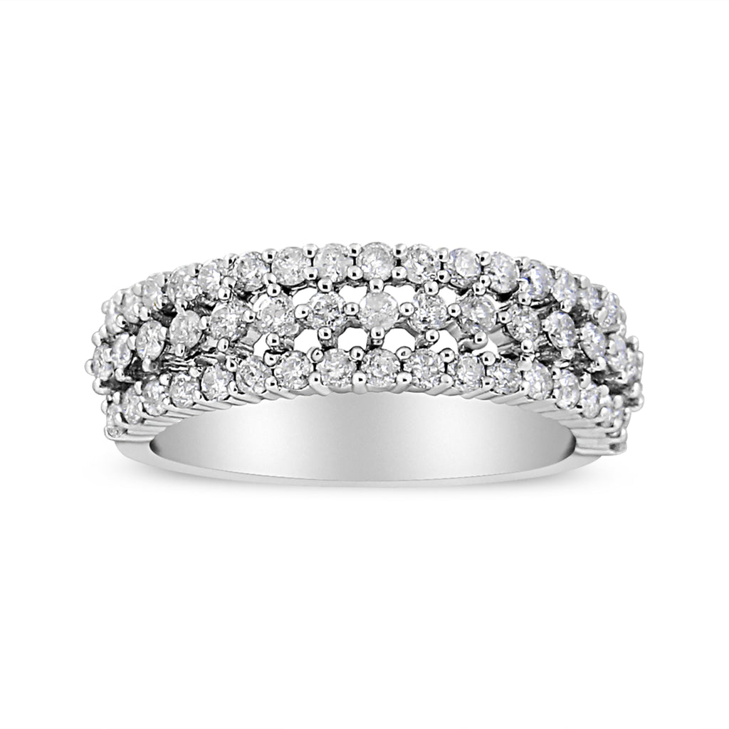 14K White Gold 1.0 Cttw Prong Set Round Diamond Split Shank Three Row Band Ring (H-I Color, I2-I3 Clarity) - Size 6