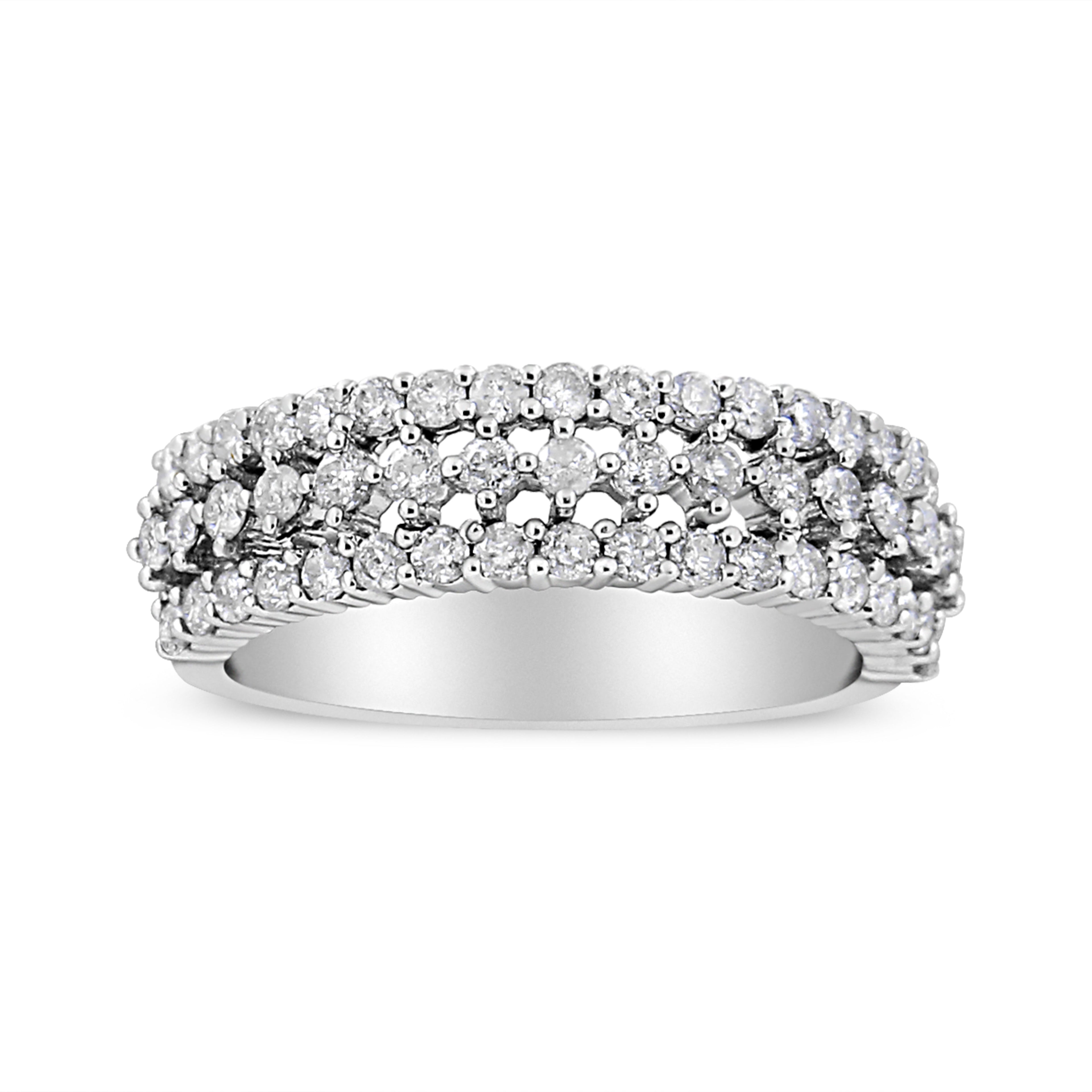 14K White Gold 1.0 Cttw Prong Set Round Diamond Split Shank Three Row Band Ring (H-I Color, I2-I3 Clarity) - Size 6