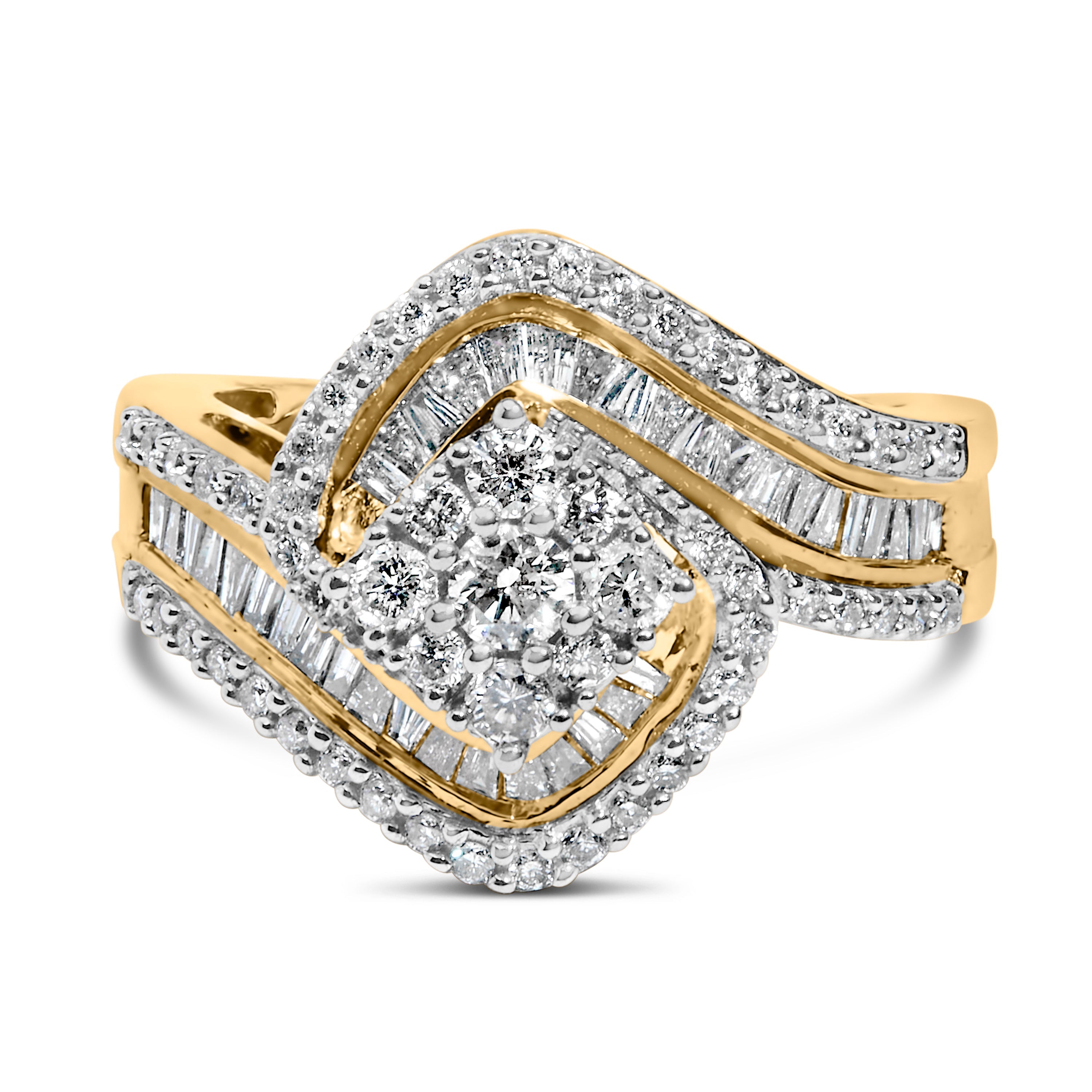 14K Yellow Gold 1.0 Cttw Baguette & Brilliant-Cut Diamond Round Floral Cluster Engagement or Fashion Ring with Swirl Wrapped Triple Row Band (H-I Color, SI2-I1 Clarity) - Size 6-3/4