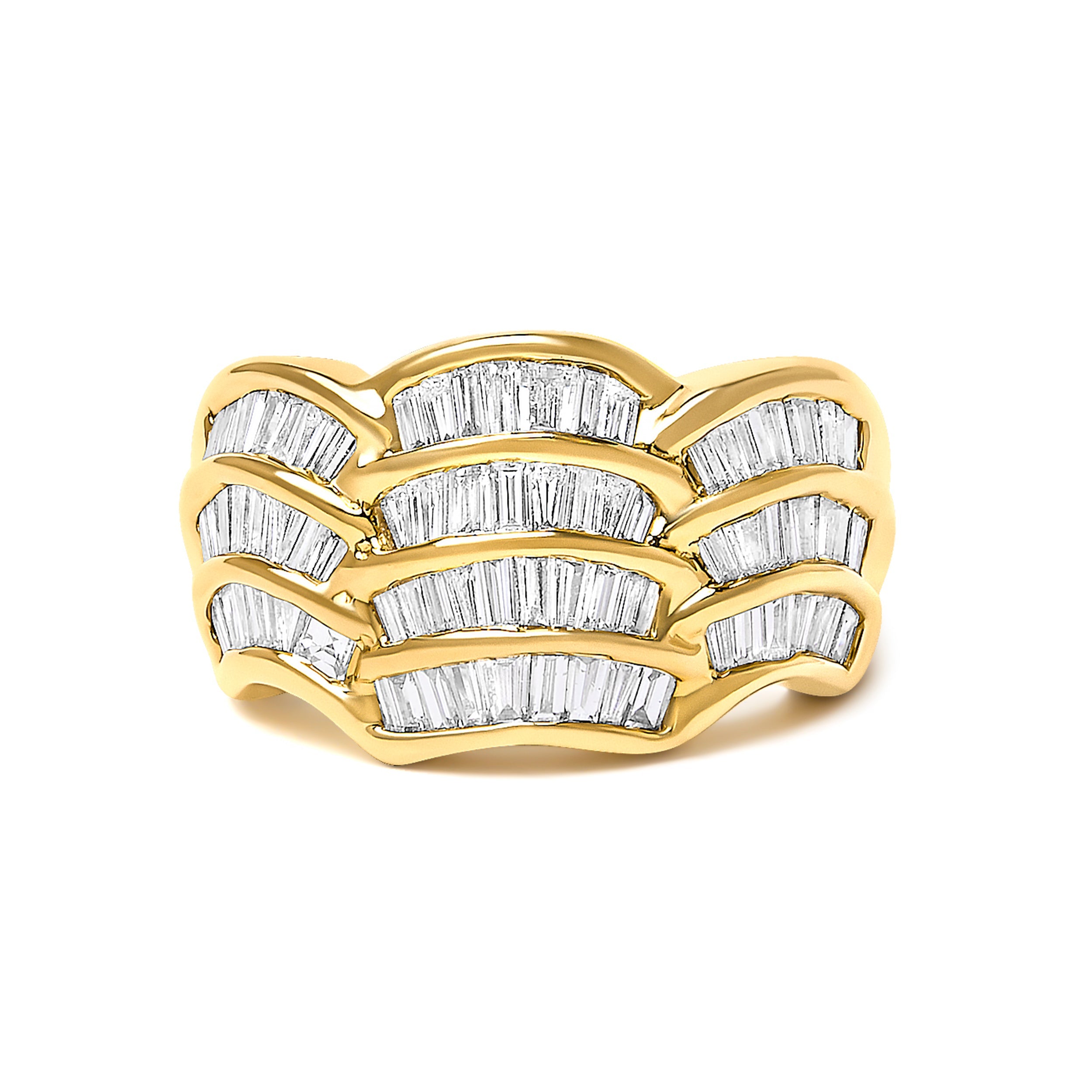 14K Yellow Gold 1-1/3 Cttw Baguette Diamond Wave Design Band Ring