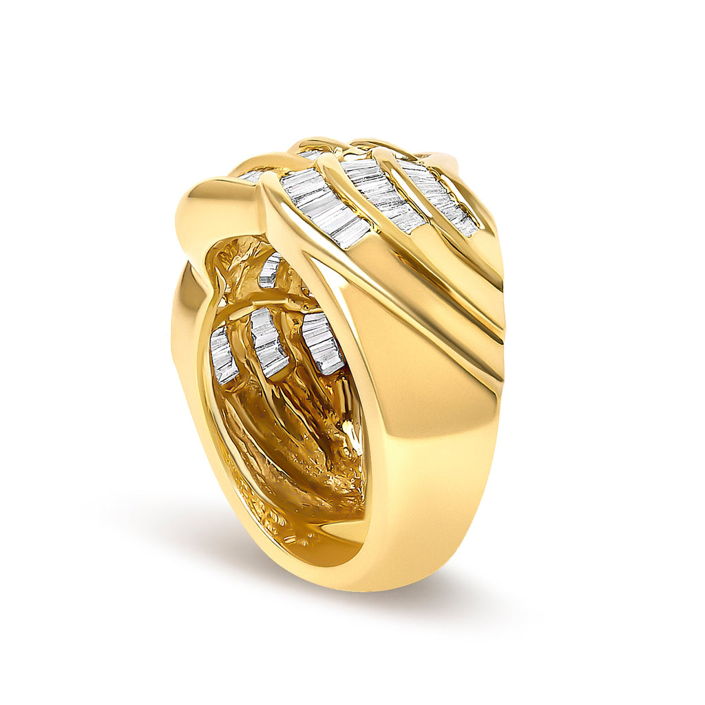 14K Yellow Gold 1-1/3 Cttw Baguette Diamond Wave Design Band Ring
