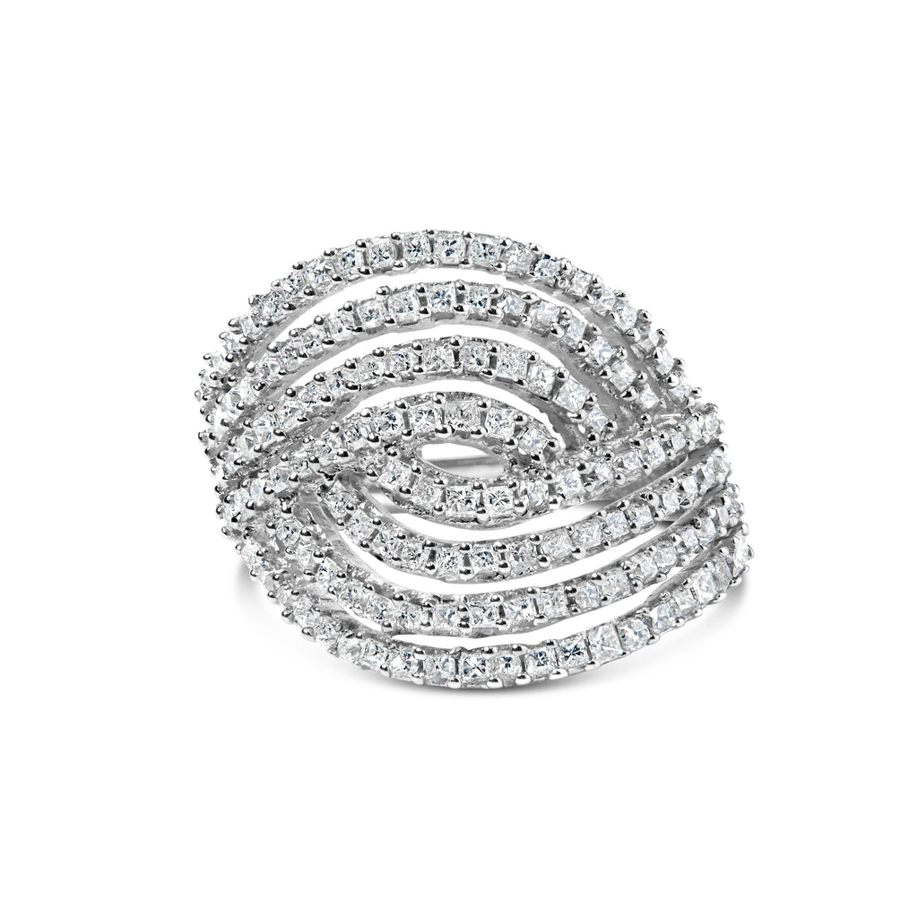 10K White Gold 1 1/2 Cttw Princess Diamond Swirl Design Cocktail Ring