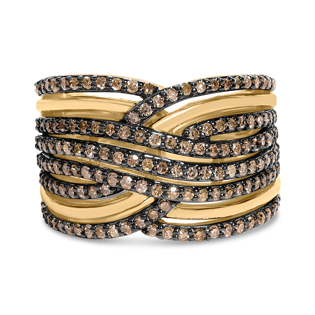 10K Yellow Gold Plated .925 Sterling Silver 1.0 Cttw Champagne Diamond Multi Row Crossover Band Ring - Size 7
