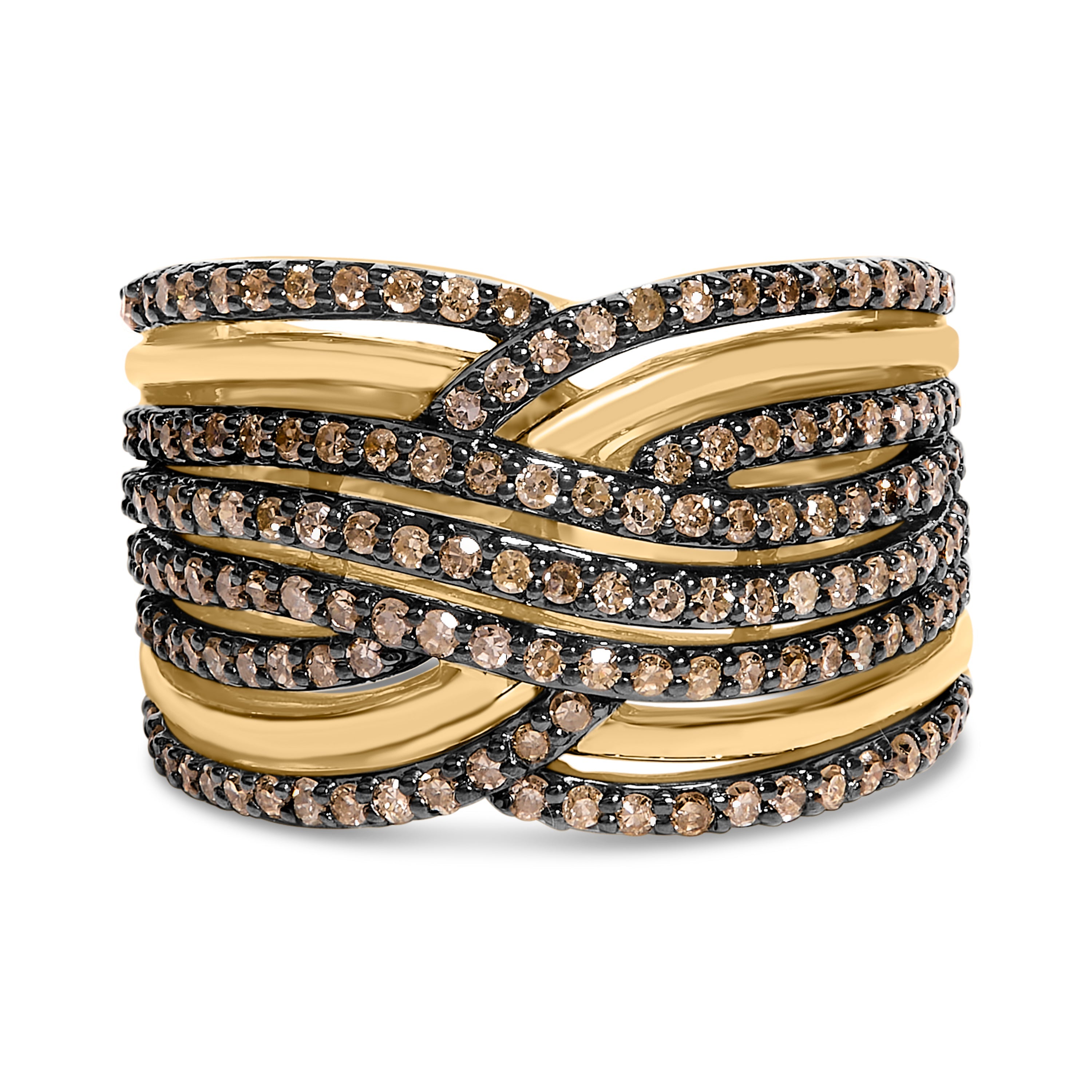 10K Yellow Gold Plated .925 Sterling Silver 1.0 Cttw Champagne Diamond Multi Row Crossover Band Ring - Size 7