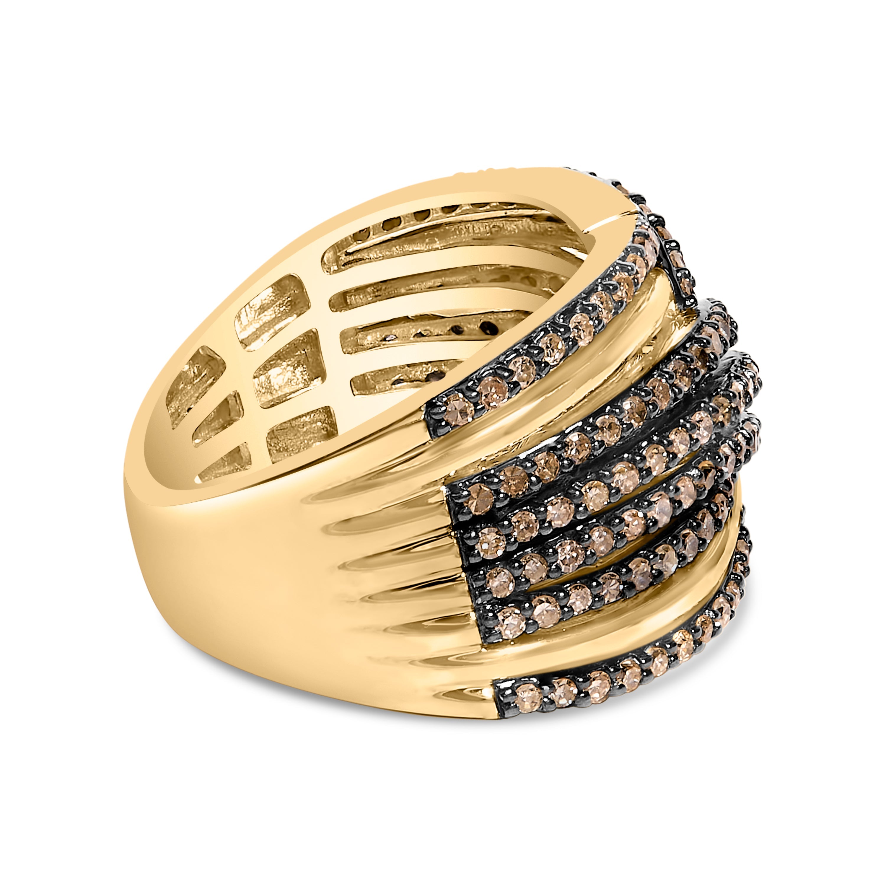 10K Yellow Gold Plated .925 Sterling Silver 1.0 Cttw Champagne Diamond Multi Row Crossover Band Ring - Size 7