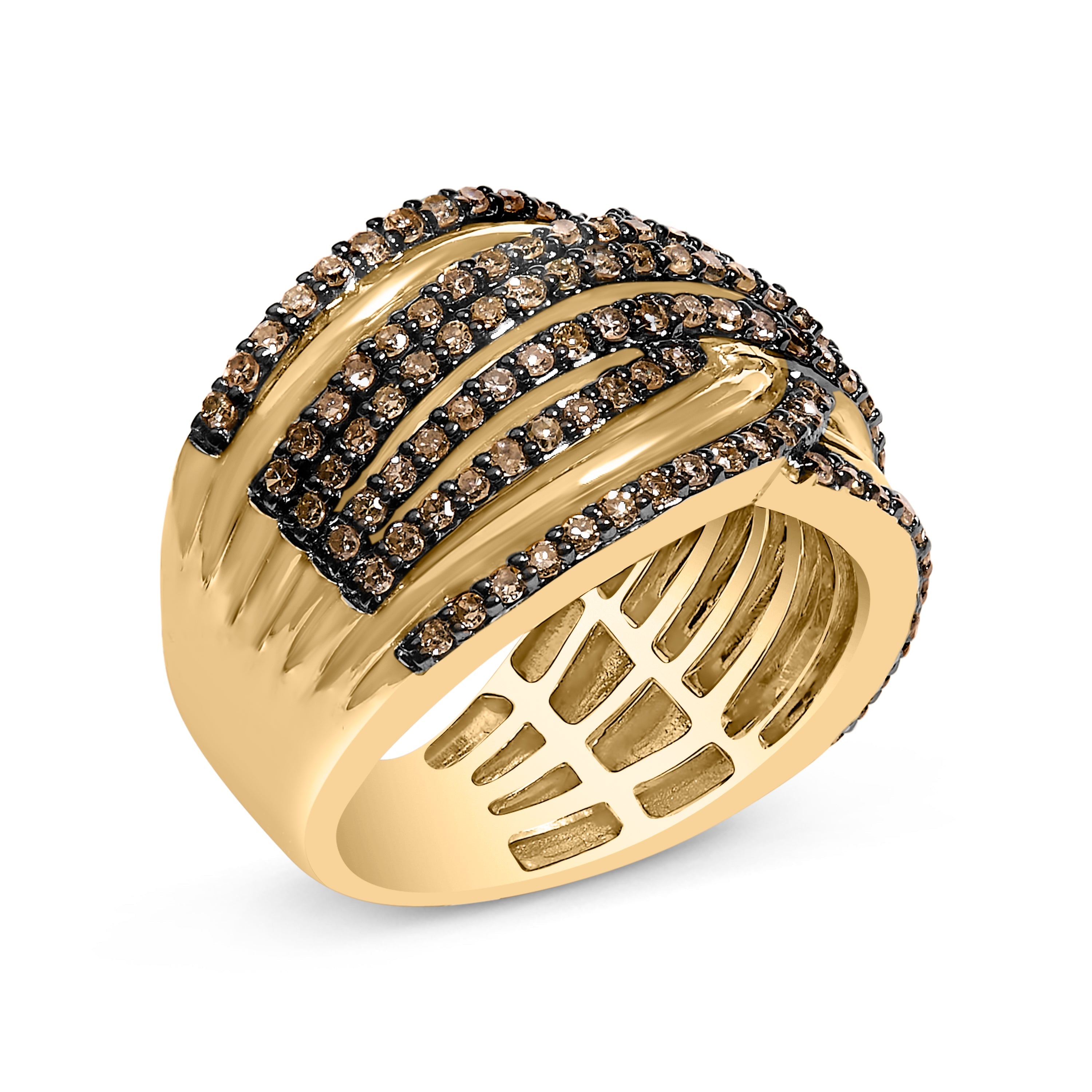 10K Yellow Gold Plated .925 Sterling Silver 1.0 Cttw Champagne Diamond Multi Row Crossover Band Ring - Size 7