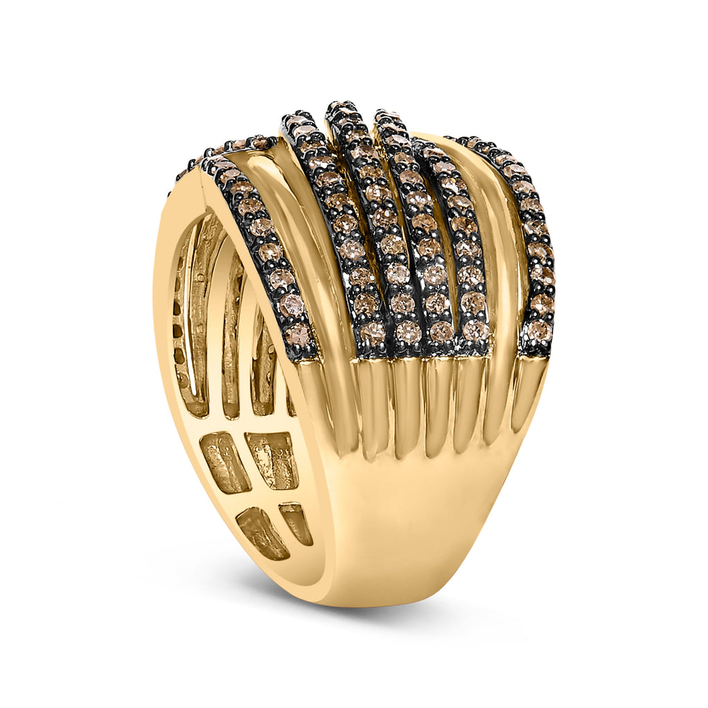 10K Yellow Gold Plated .925 Sterling Silver 1.0 Cttw Champagne Diamond Multi Row Crossover Band Ring - Size 7