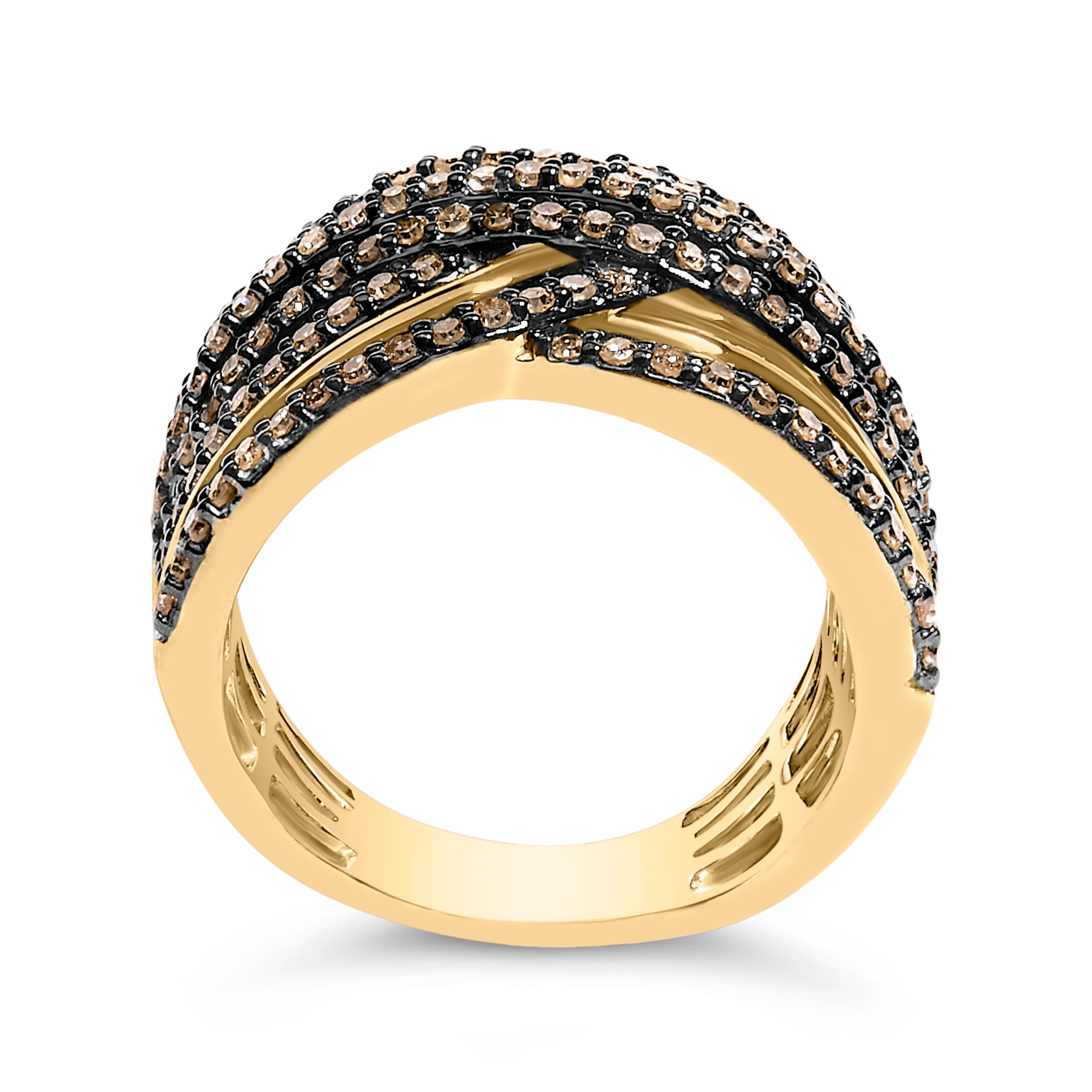 10K Yellow Gold Plated .925 Sterling Silver 1.0 Cttw Champagne Diamond Multi Row Crossover Band Ring - Size 7