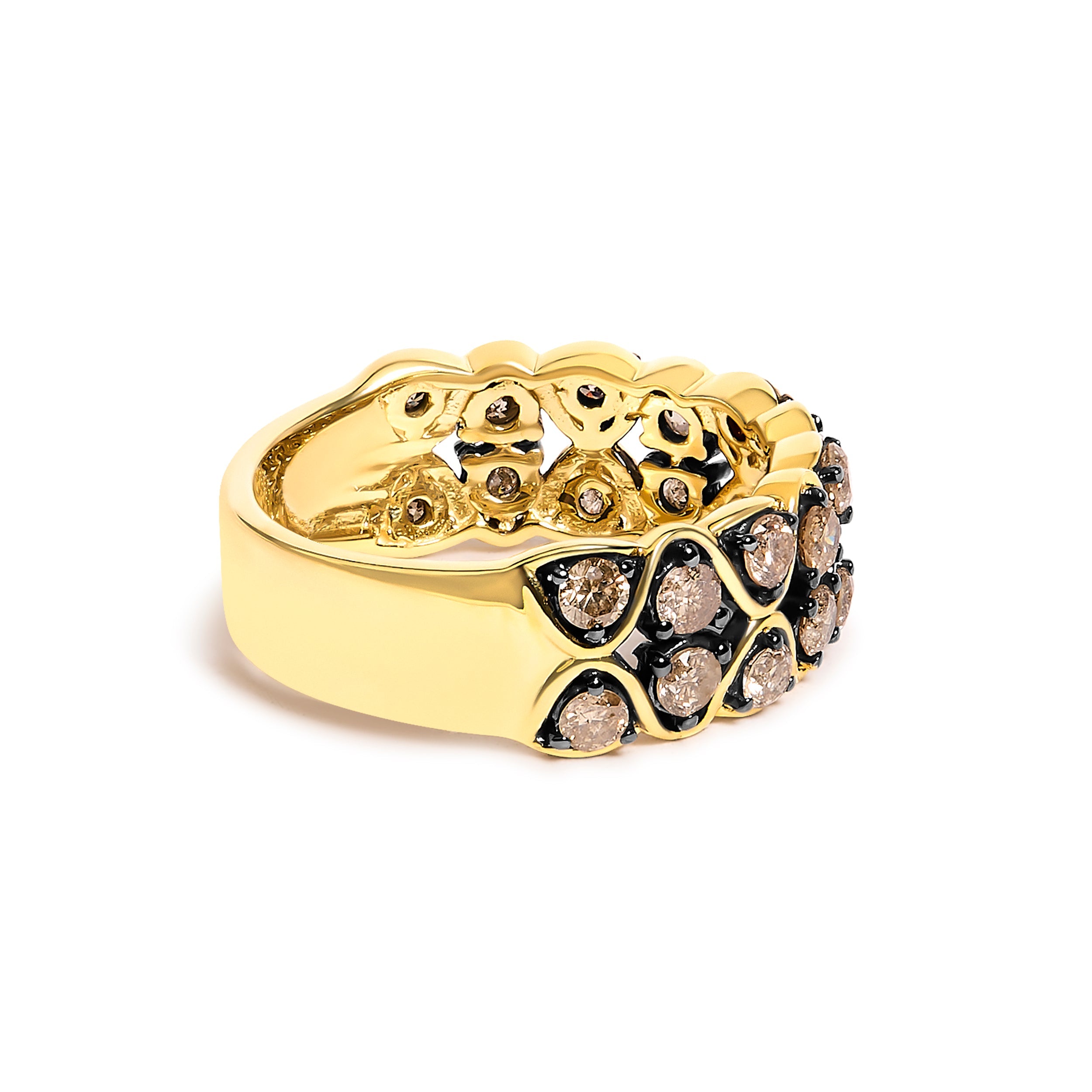 10K Yellow Gold Plated Sterling Silver 1 1/2 Cttw Brown Diamond Scalloped Band Ring