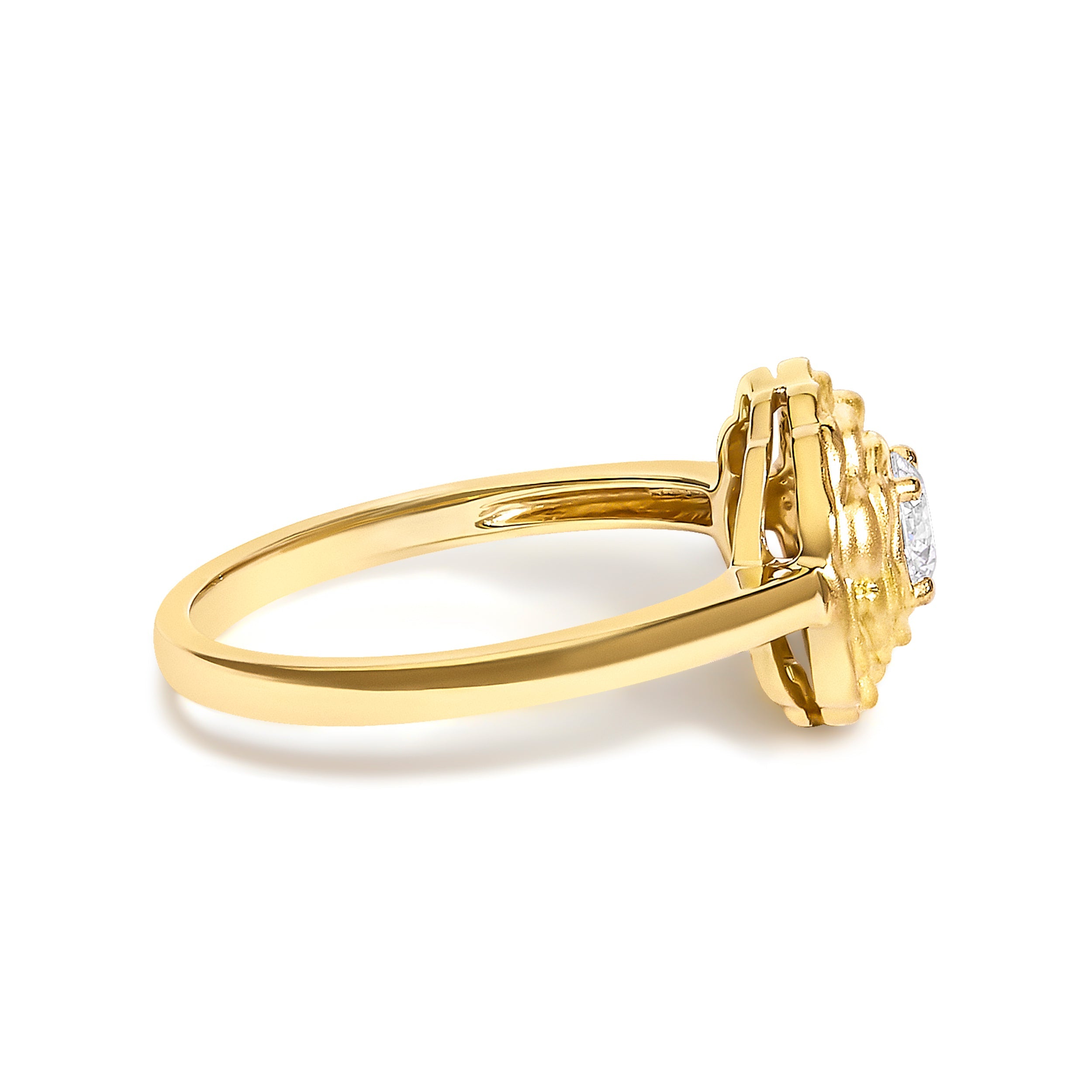 14K Yellow Gold Plated Sterling Silver 1/3 Cttw Lab Grown Diamond Floral Motif Solitaire Ring