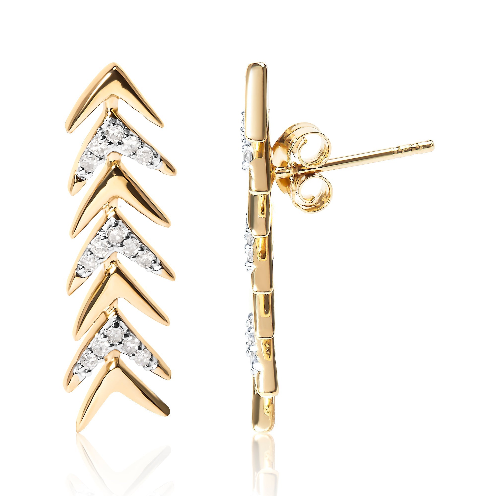 18K Yellow Gold Plated .925 Sterling Silver 1/5 Cttw Diamond Chevron Arrow Stud Earrings (I-J Color, I2-I3 Clarity)