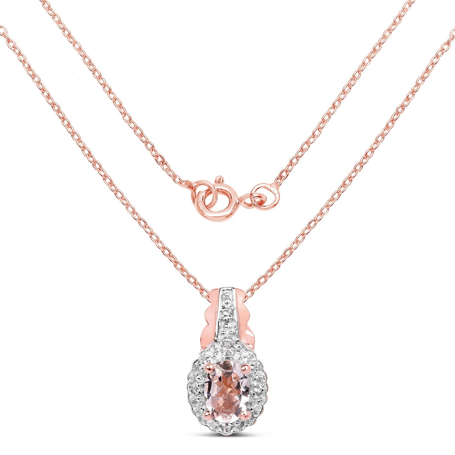 14K Rose Gold Plated 0.73 Carat Genuine Morganite & White Topaz .925 Sterling Silver Pendant