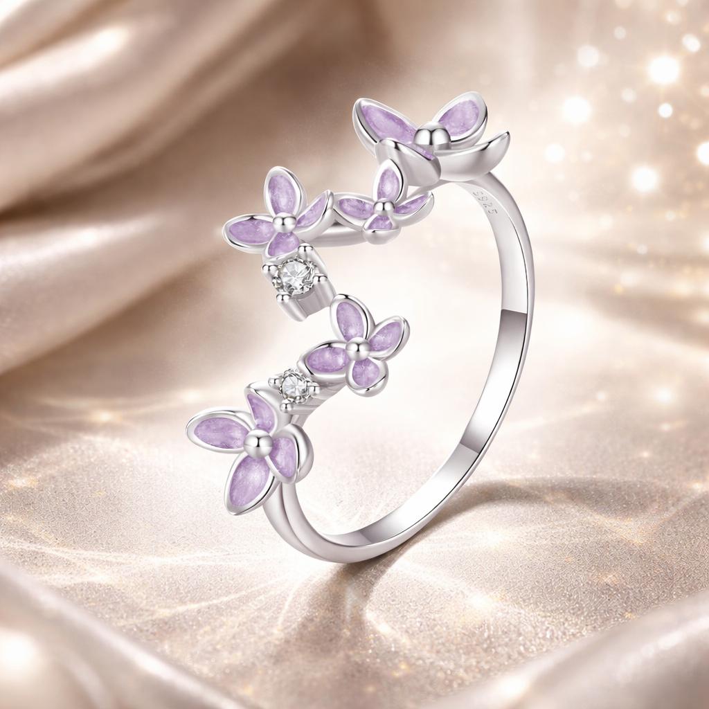 925 Sterling Silver White Gold Plated Ring with Enamel and CZ for Women