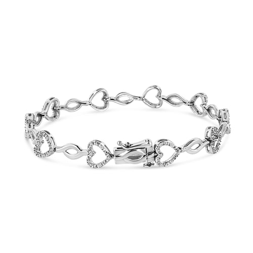 .925 Sterling Silver 1/4 Carat Total Weight Round-Cut Diamond Alternating Heart and Leaf Link Bracelet (I-J Color, I3 Clarity) - Size 7.25"