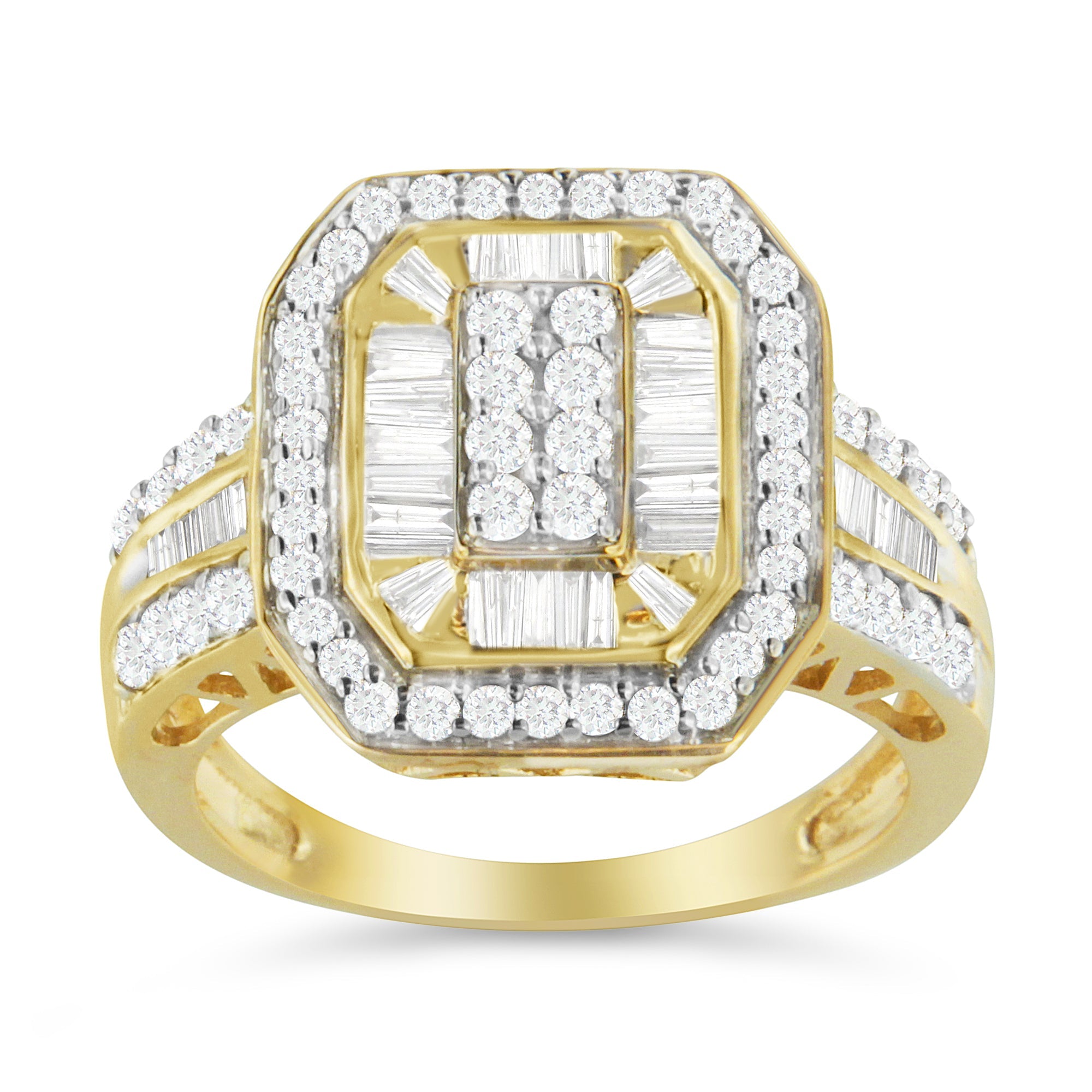 10K Yellow Gold 1.0 Cttw Diamond Vintage Inspired Baguette-Cut Double Halo Emerald-Shaped Frame Cocktail Ring (I-J Color, I1-I2 Clarity) - Size 6-1/2