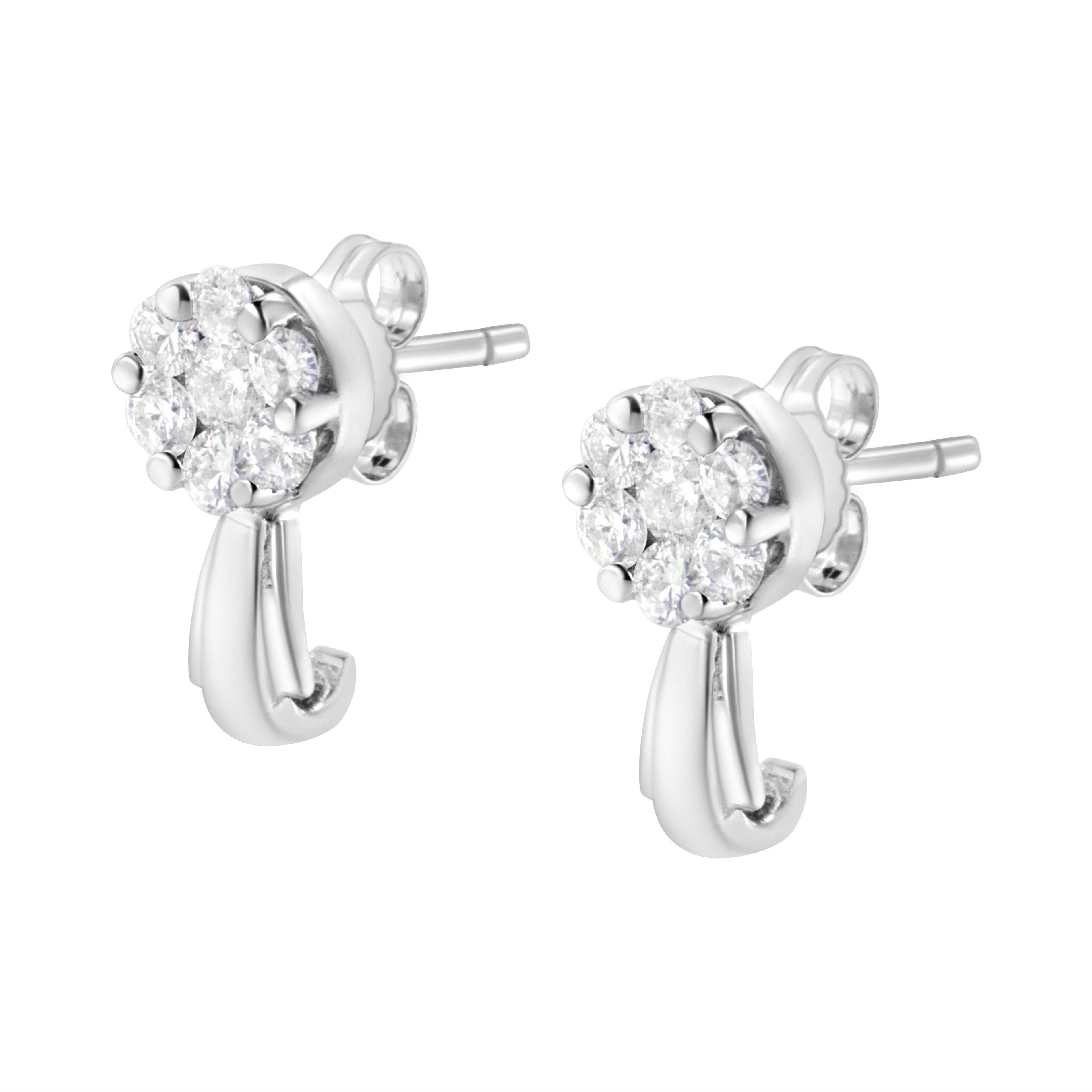 14K White Gold 3/4 Carat Total Weight Diamond Floral Cluster Drop and Dangle Stud Earrings (H-I Color, I1-I2 Clarity)