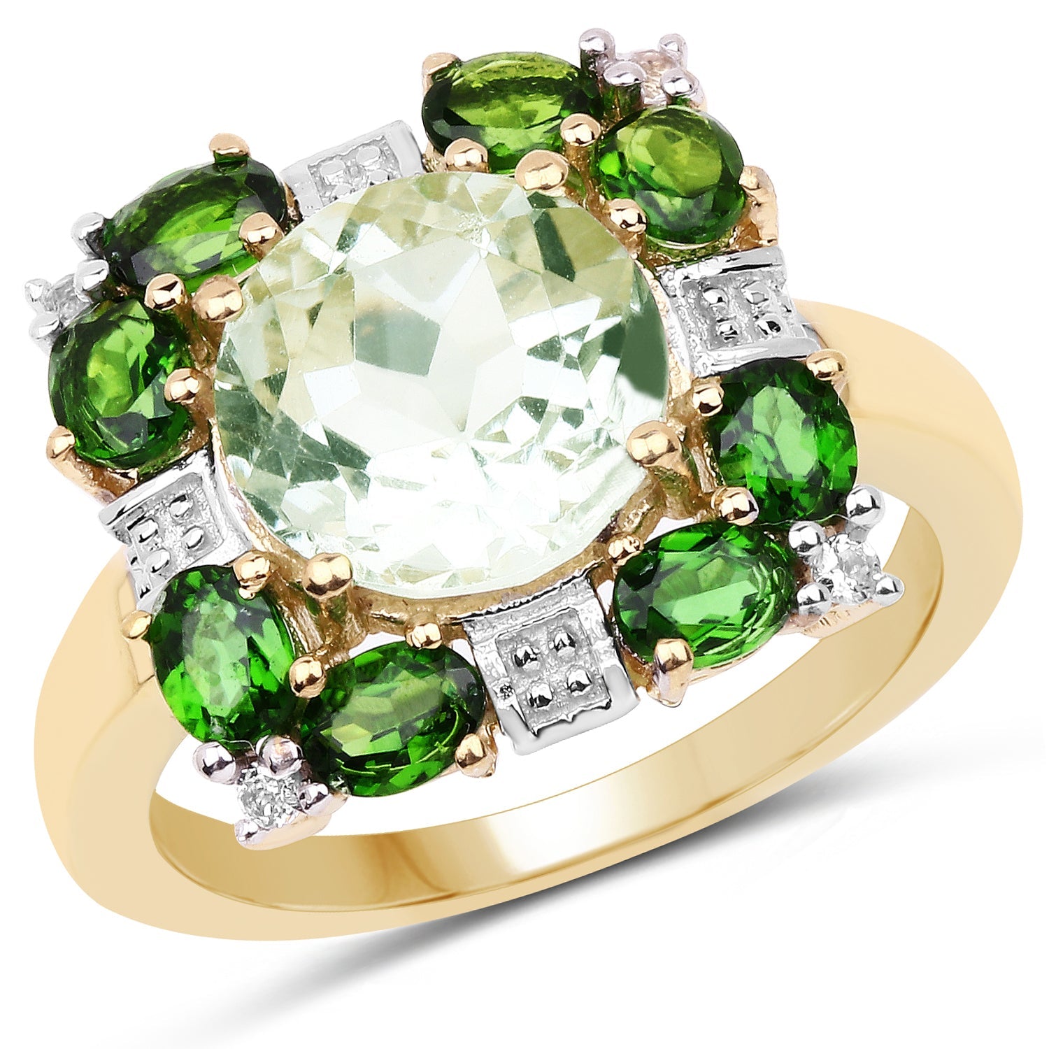 14K Yellow Gold Plated 5.36 Carat Genuine Green Amethyst, Chrome Diopside & White Topaz .925 Sterling Silver Ring