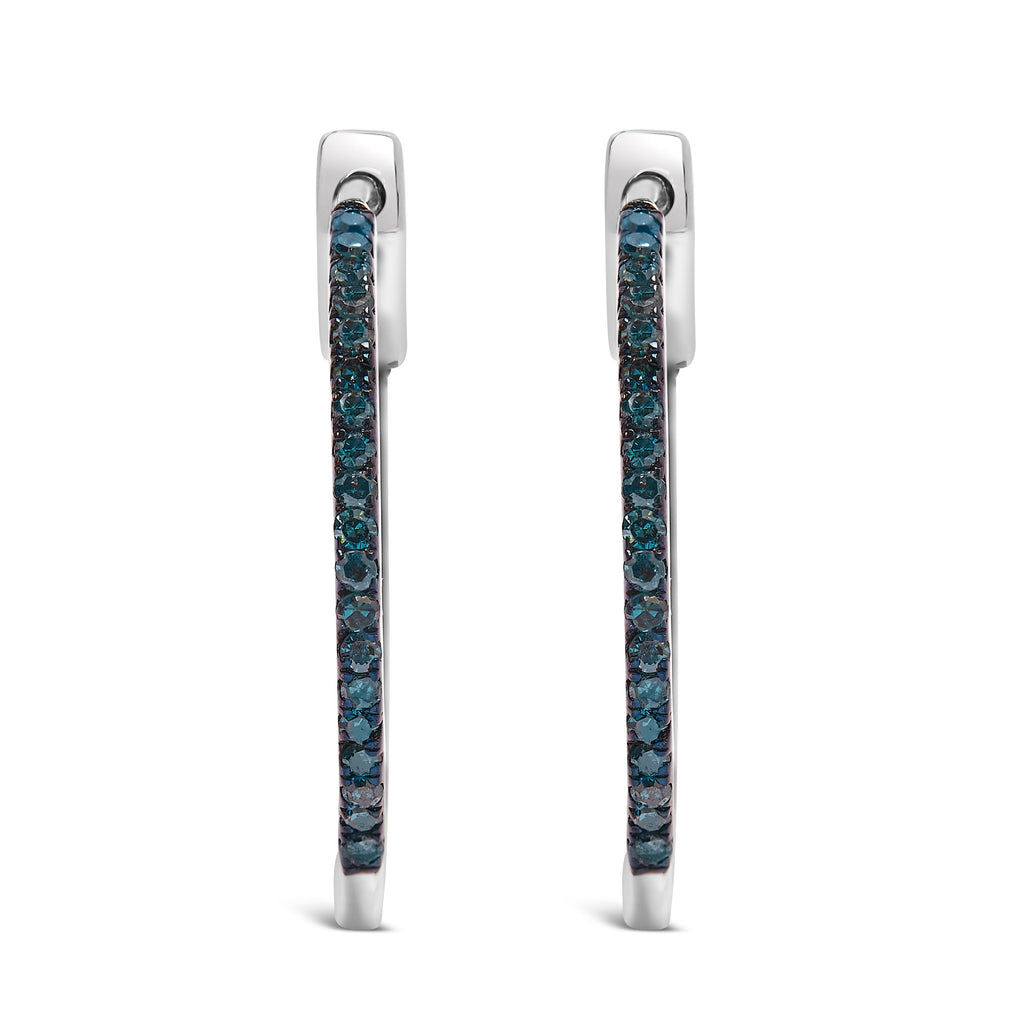 .925 Sterling Silver 1/3 Carat Total Weight Inside Out Blue Treated Diamond 1MM Wide Hoop Earrings (Blue Color, I2-I3 Clarity)