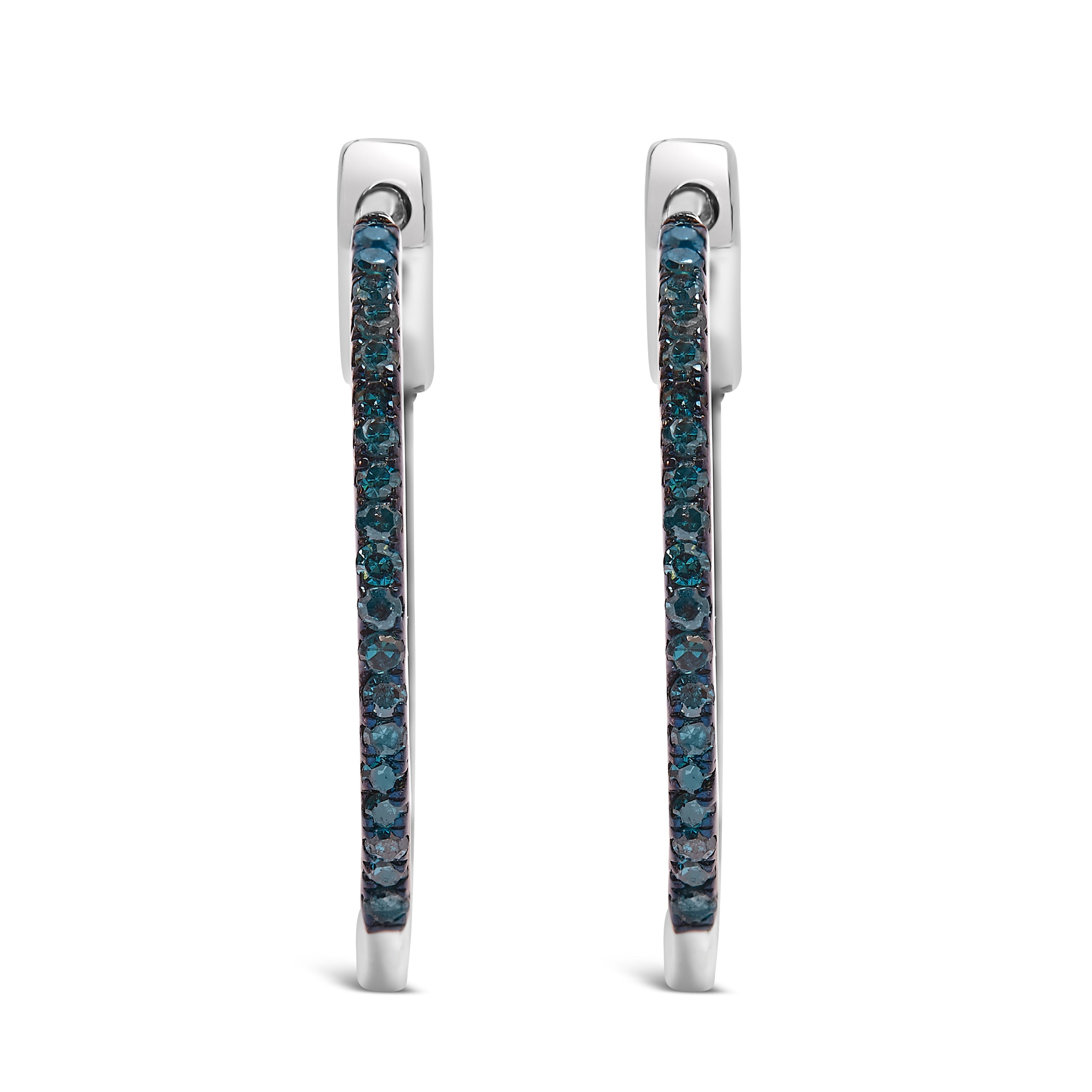 .925 Sterling Silver 1/3 Carat Total Weight Inside Out Blue Treated Diamond 1MM Wide Hoop Earrings (Blue Color, I2-I3 Clarity)