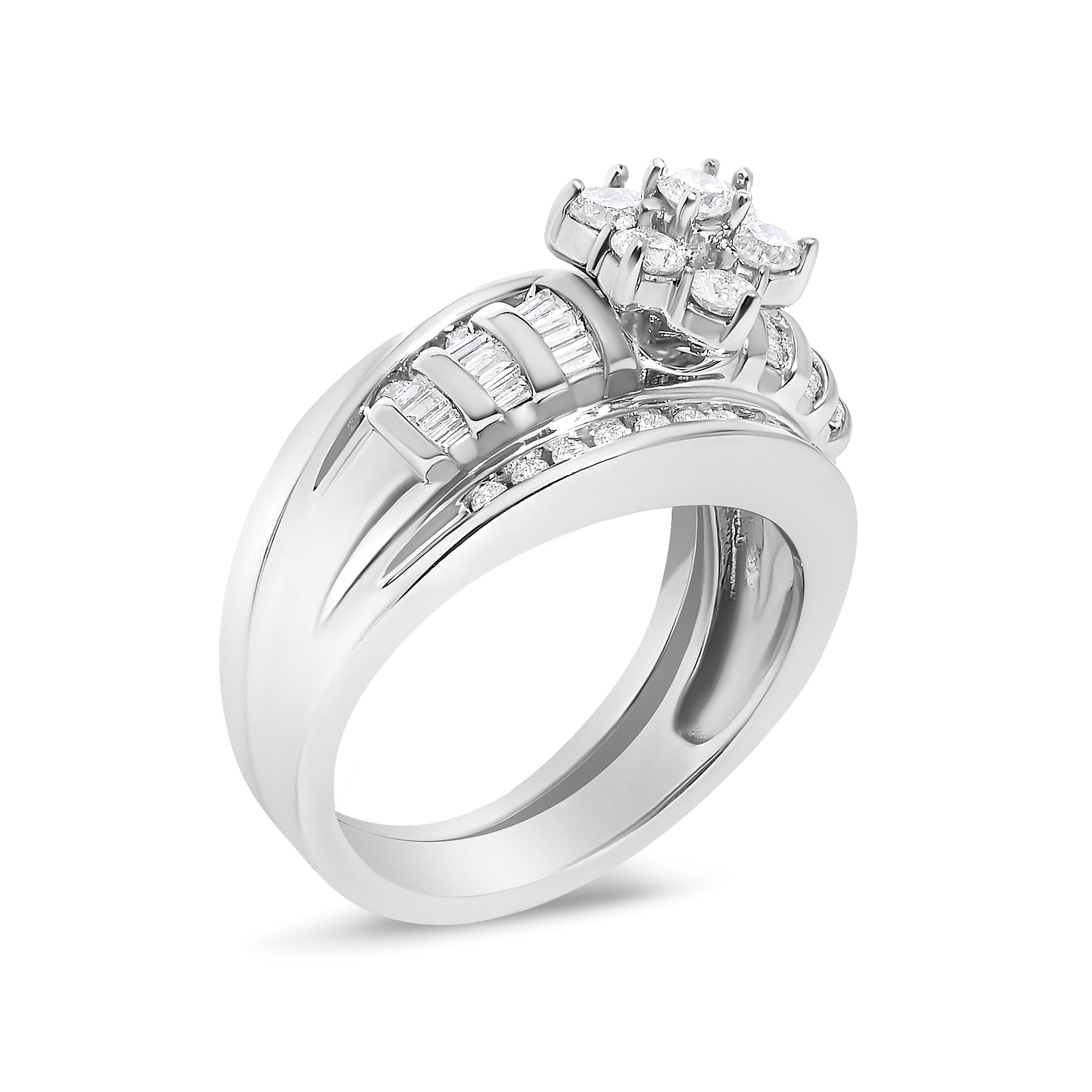 14K White Gold 1.0 Cttw Round and Baguette Diamond Cluster Bridal Set