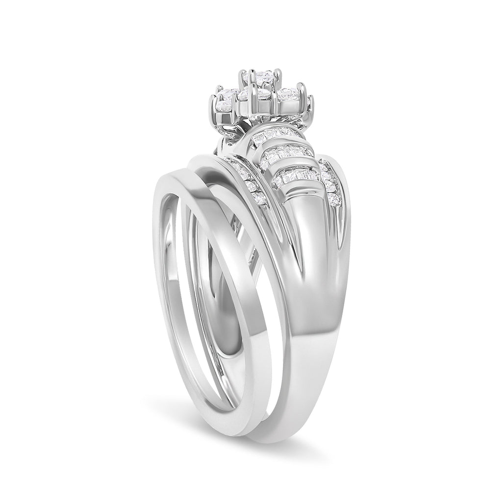 14K White Gold 1.0 Cttw Round and Baguette Diamond Cluster Bridal Set