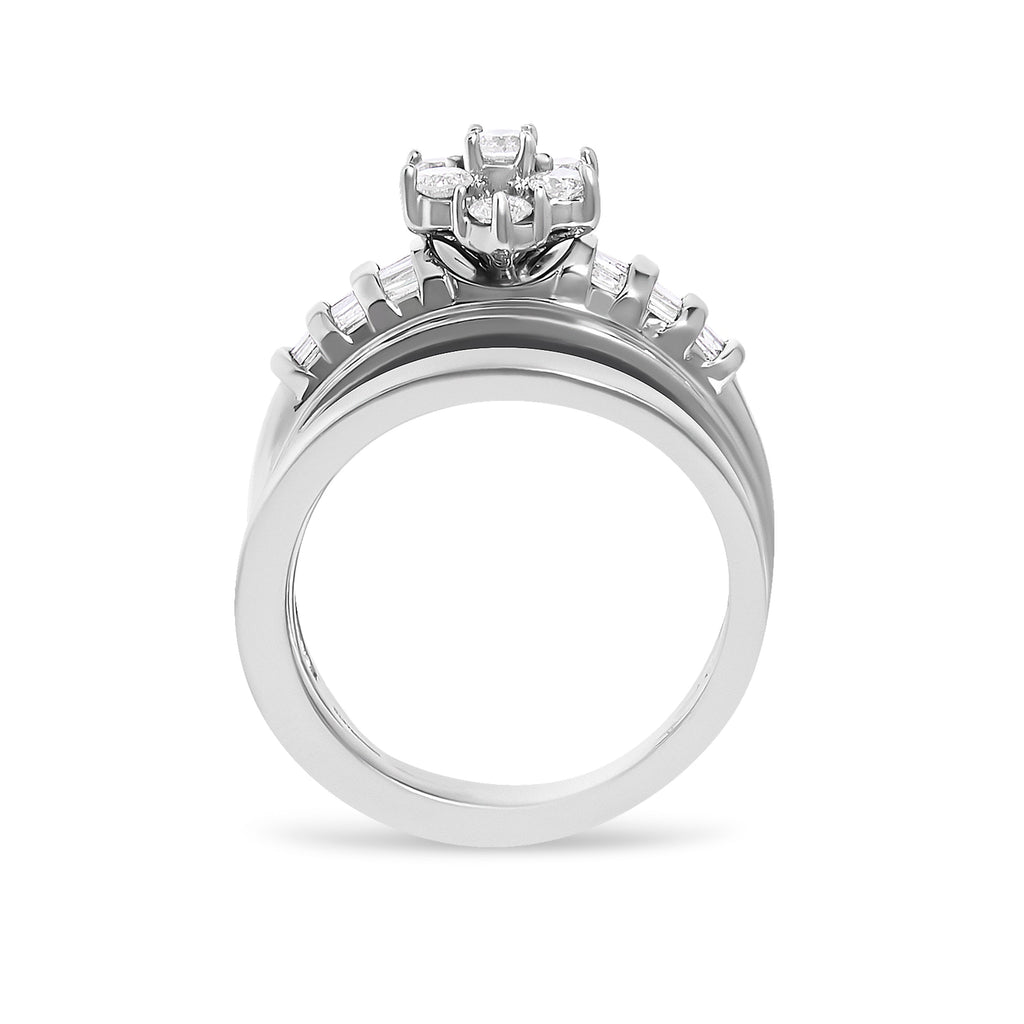 14K White Gold 1.0 Cttw Round and Baguette Diamond Cluster Bridal Set
