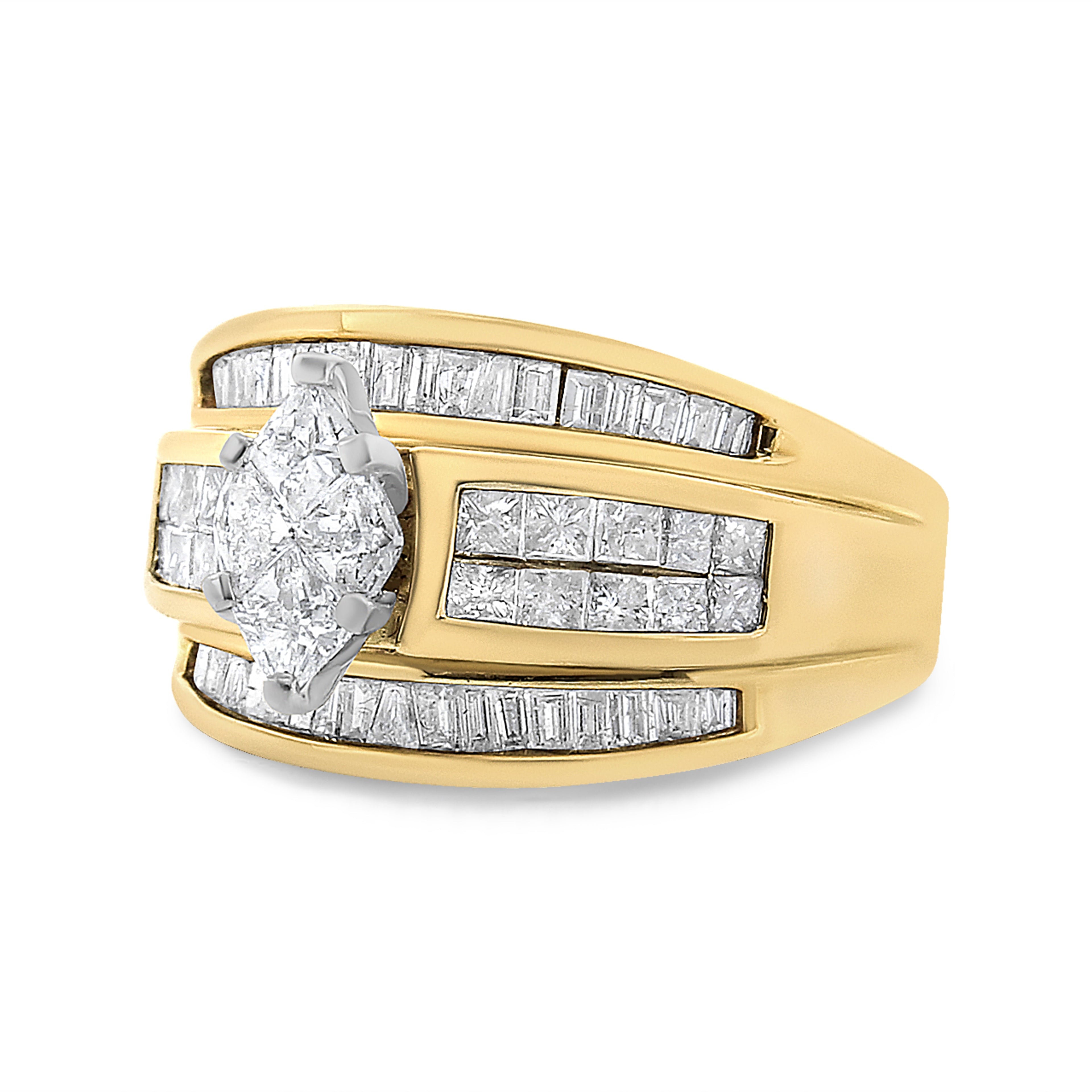 14K Yellow Gold 1 1/2 Cttw Pie, Princess and Baguette-cut Diamond Marquise Shaped Engagement Cocktail Ring Band (H-I Color, I1-I2 Clarity) - Ring Size 7