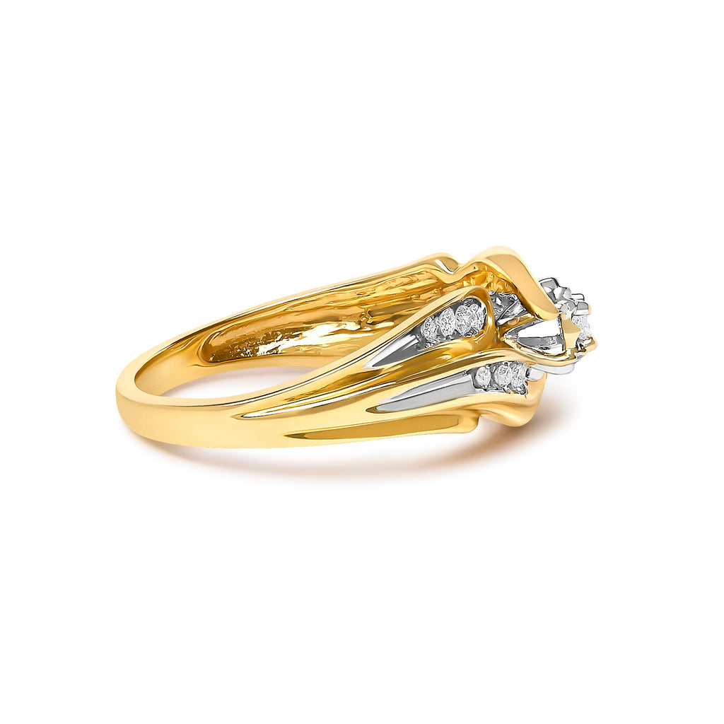 14K Yellow Gold 1/4 Cttw Round Diamond Wave Motif Bypass Ring