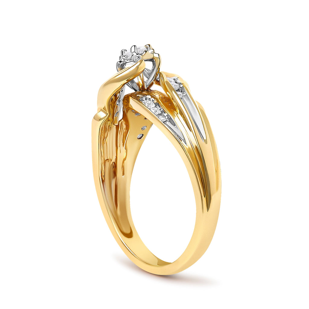 14K Yellow Gold 1/4 Cttw Round Diamond Wave Motif Bypass Ring