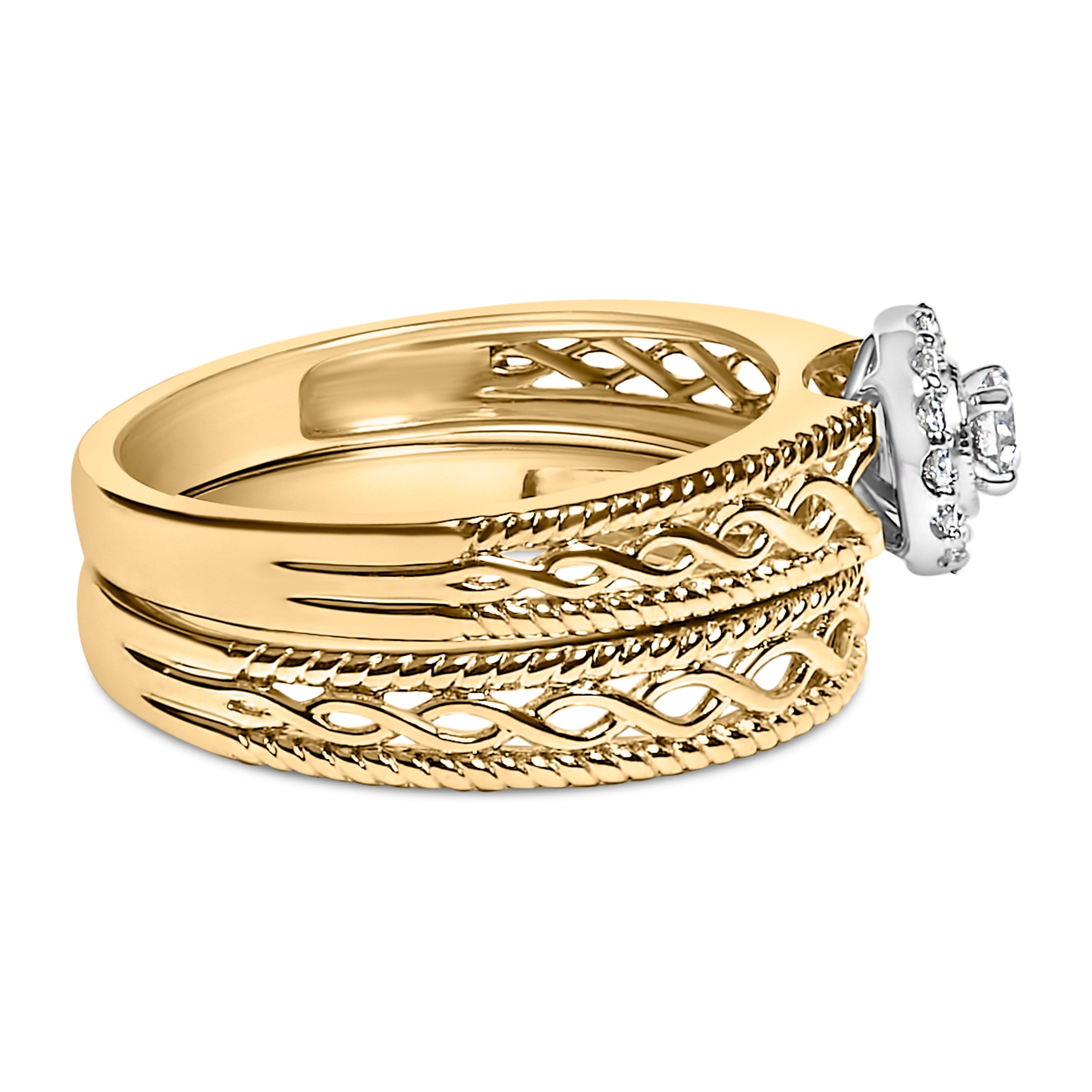 14K Yellow Gold Plated .925 Sterling Silver 1/5 Cttw Diamond Halo Engagement Ring and Wedding Band Set (I-J Color, I3 Clarity) - Size 7
