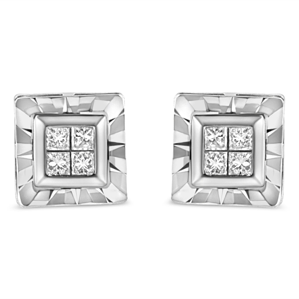 .925 Sterling Silver 1/6 Carat Total Weight Invisible Set Princess-Cut Diamond Quad Composite Stud Earrings (H-I Color, I1-I2 Clarity)