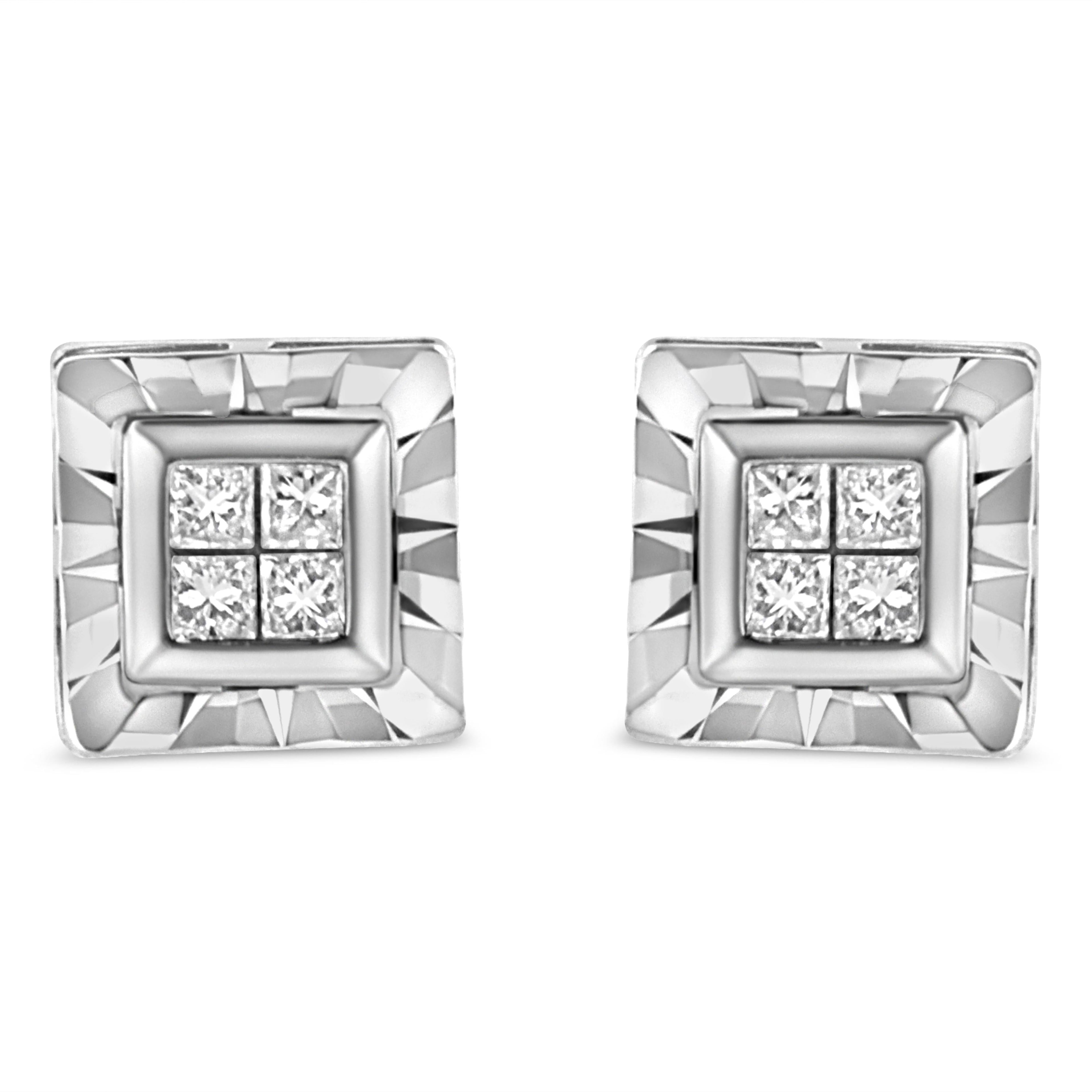 .925 Sterling Silver 1/6 Carat Total Weight Invisible Set Princess-Cut Diamond Quad Composite Stud Earrings (H-I Color, I1-I2 Clarity)