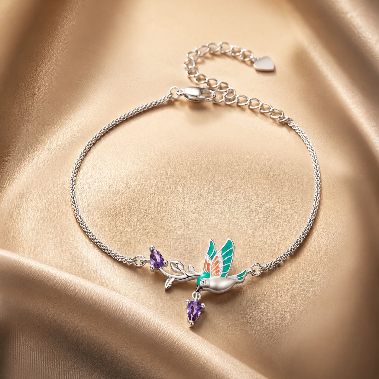 925 Sterling Silver Enamel Plated Platinum Bracelet with CZ, Adjustable Length for Women