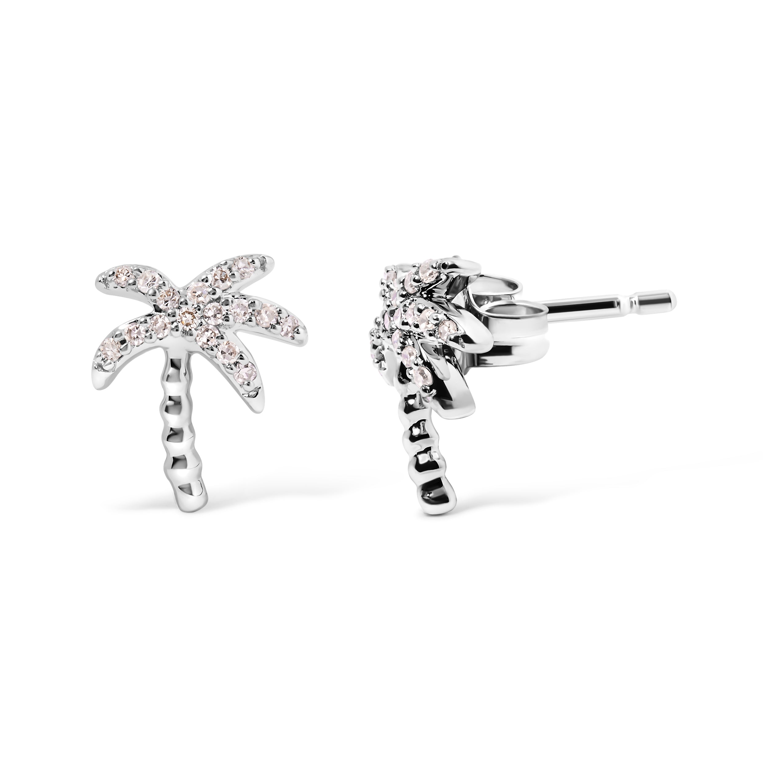10K White Gold 1/10 Cttw Diamond Encrusted Palm Tree Stud Earrings (H-I Color, I1-I2 Clarity)