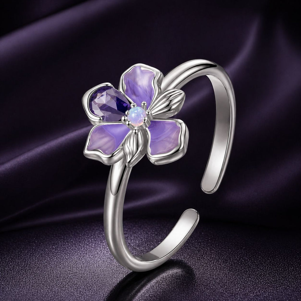925 Sterling Silver Pavé Set CZ Enamel White Gold Plated Nano Opal Pendant Ring