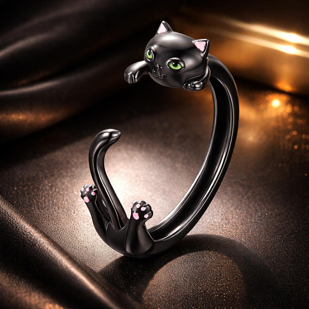 S925 Sterling Silver Plated Black Gold Cat-themed Ring for Women