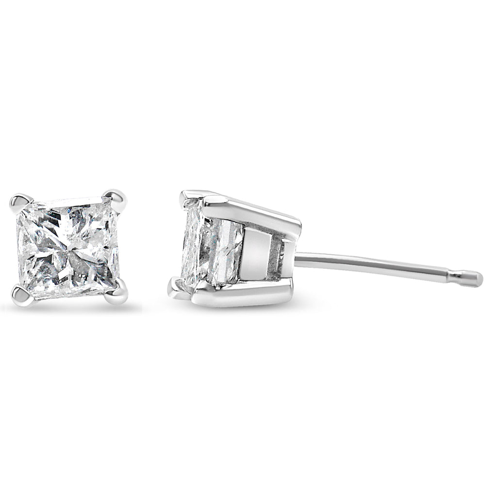 AGS Certified 14K White Gold 1.0 Cttw 4-Prong Set Princess-Cut Solitaire Diamond Push Back Stud Earrings (I-J Color, SI2-I1 Clarity)