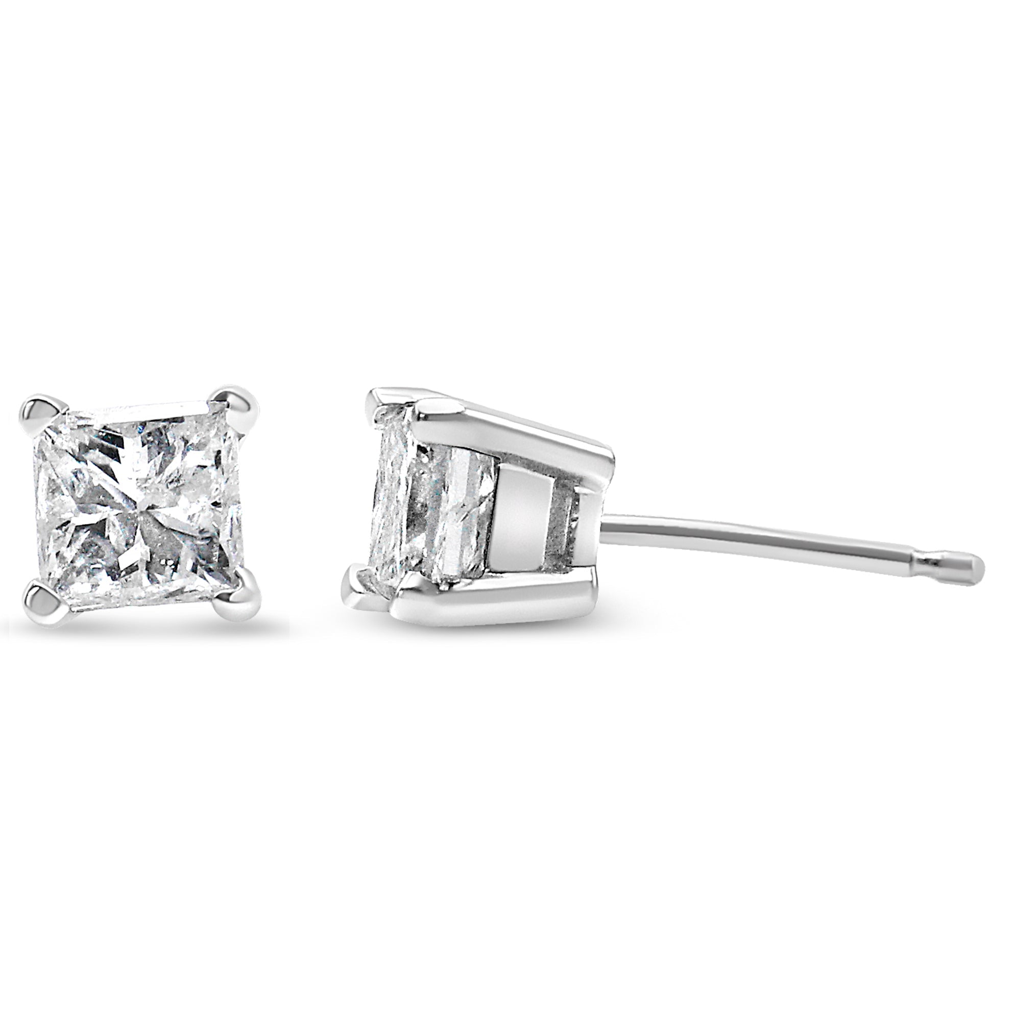 AGS Certified 14K White Gold 1.0 Cttw 4-Prong Set Princess-Cut Solitaire Diamond Push Back Stud Earrings (I-J Color, SI2-I1 Clarity)