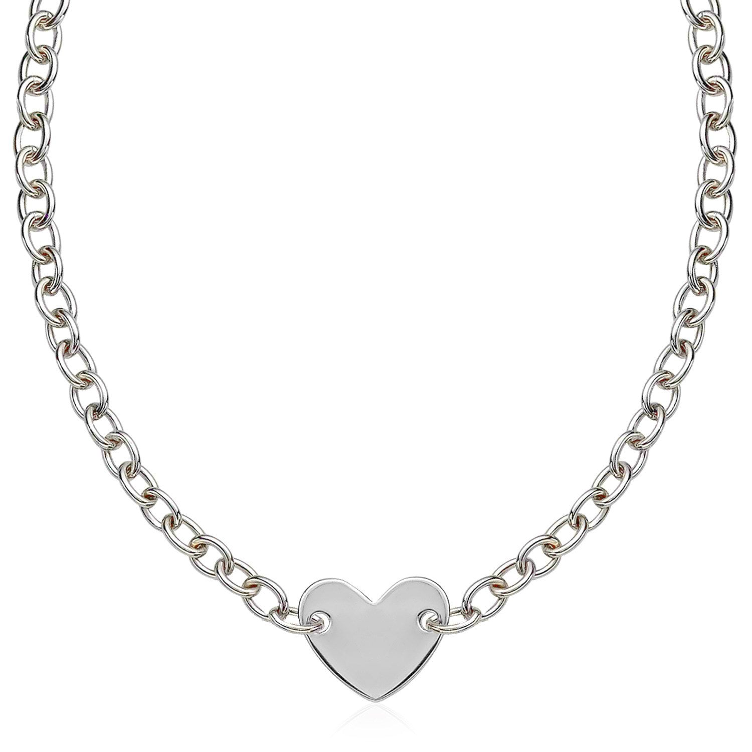 Pulsera de cadena de plata de ley con baño de rodio y motivo de corazón plano