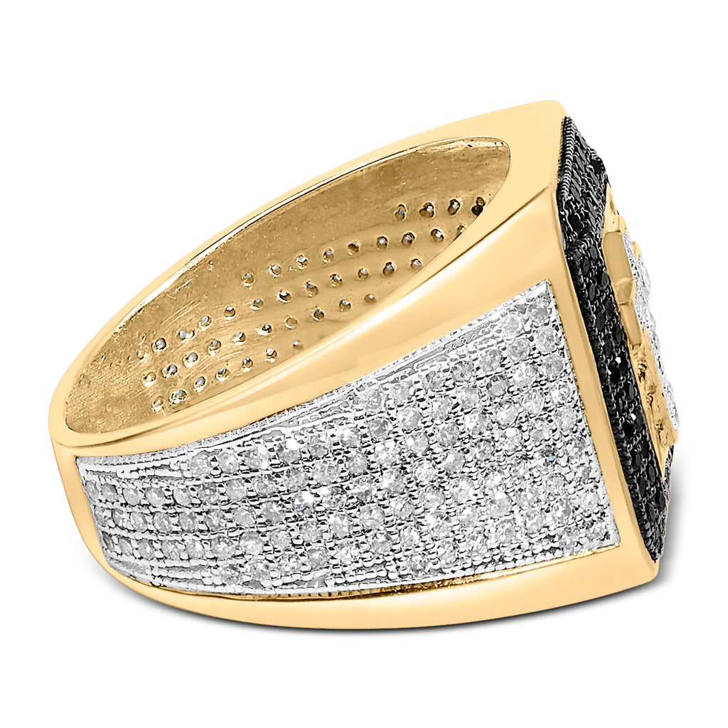 Men's 10K Yellow Gold 1 1/2 Cttw White and Black Diamond Cross Signet Ring