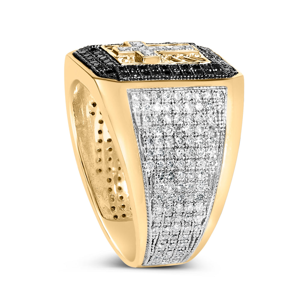 Men's 10K Yellow Gold 1 1/2 Cttw White and Black Diamond Cross Signet Ring