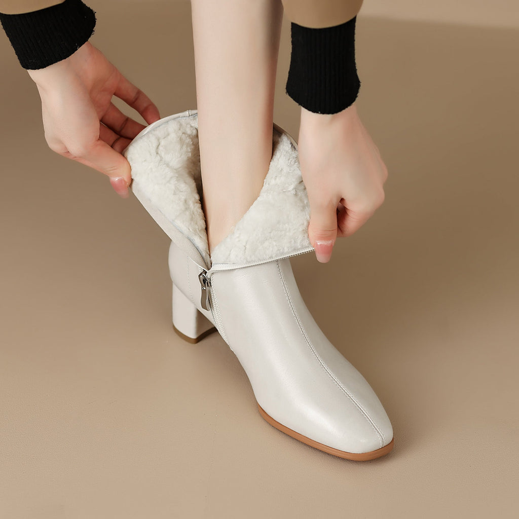 Women’s Short Fur Snow Boots – Chunky Mid-Heel Cotton Winter Boots