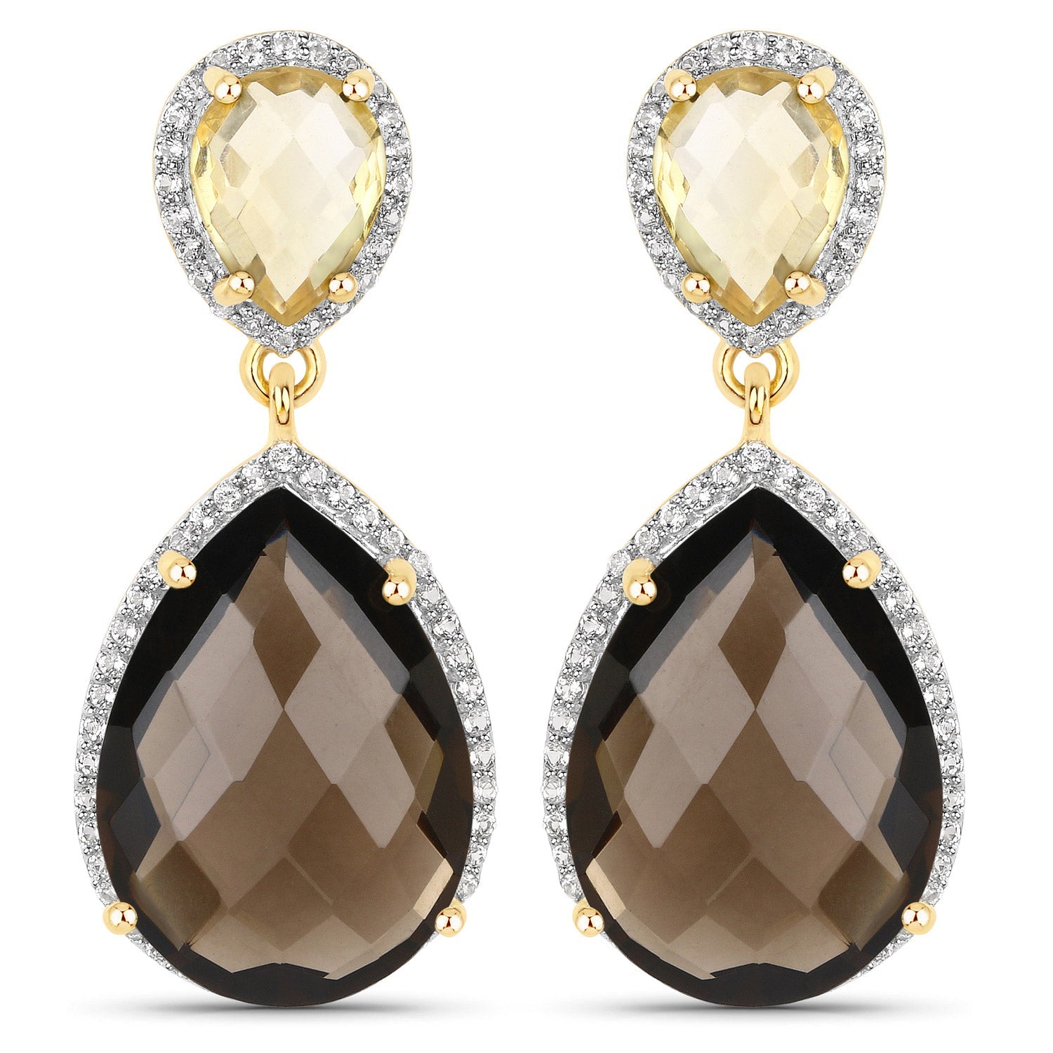 21.12 Carat Genuine Smoky Quartz, Citrine and White Topaz .925 Sterling Silver Earrings