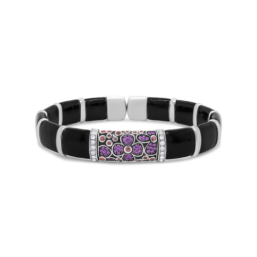 .925 Sterling Silver Black and Brown Enamel 1/3 Cttw Round Diamonds and Pink and Orange Sapphire Gemstones Floral Statement Bangle Bracelet (F-G Color, VS1-VS2 Clarity) - Size 7.75"