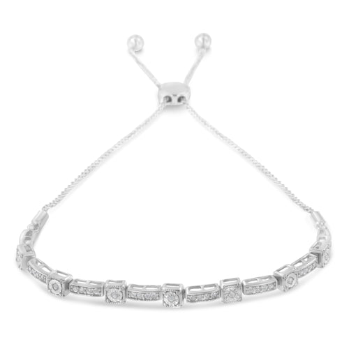 .925 Sterling Silver 1/4 Cttw Diamond 4"-10" Adjustable Bolo Alternating Square and Rectangle Bolo Bracelet (I-J Color, I3 Clarity)