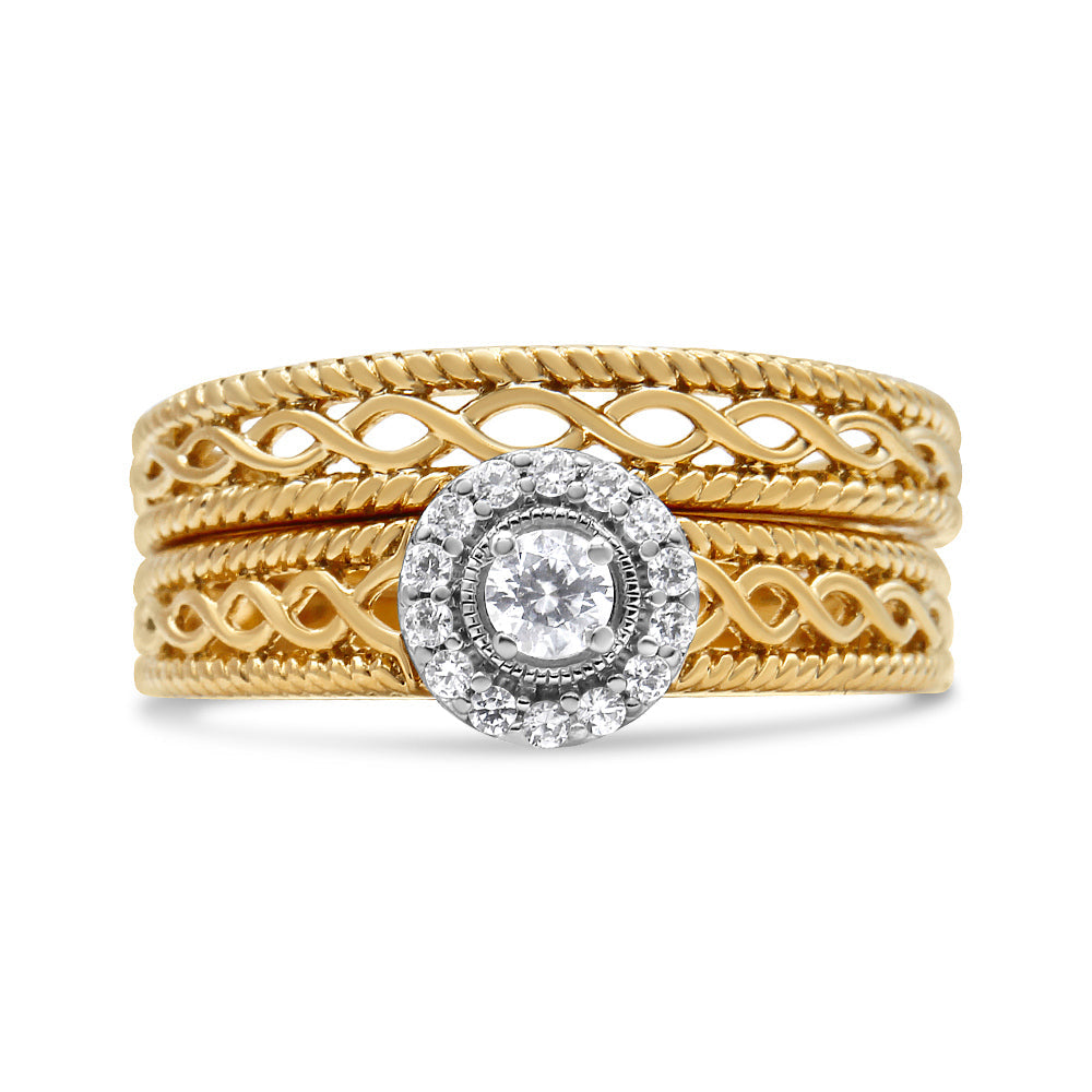 14K Yellow Gold Plated .925 Sterling Silver 1/5 Cttw Diamond Halo Engagement Ring and Wedding Band Set (I-J Color, I3 Clarity) - Size 7