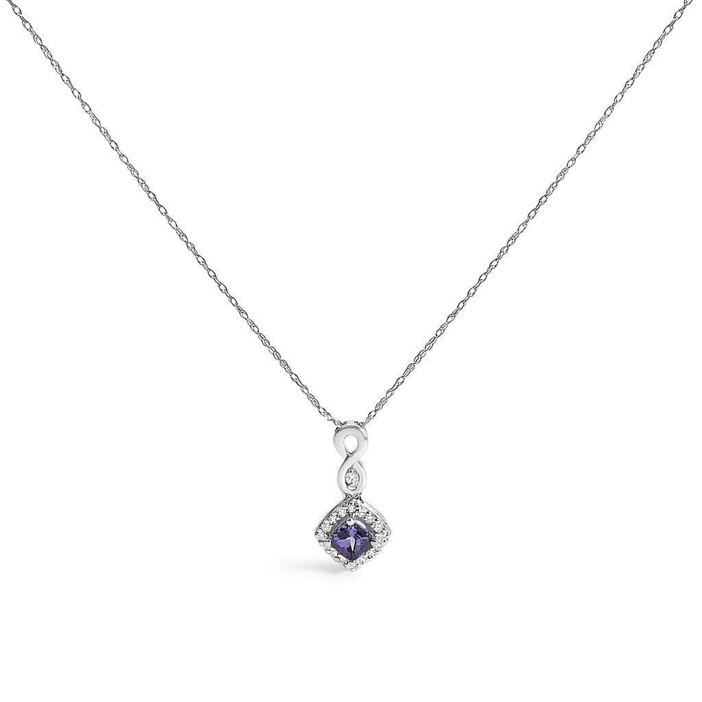 10K White Gold Blue Purple Tanzanite and Diamond Accent Cushion Drop Pendant Necklace - 18"