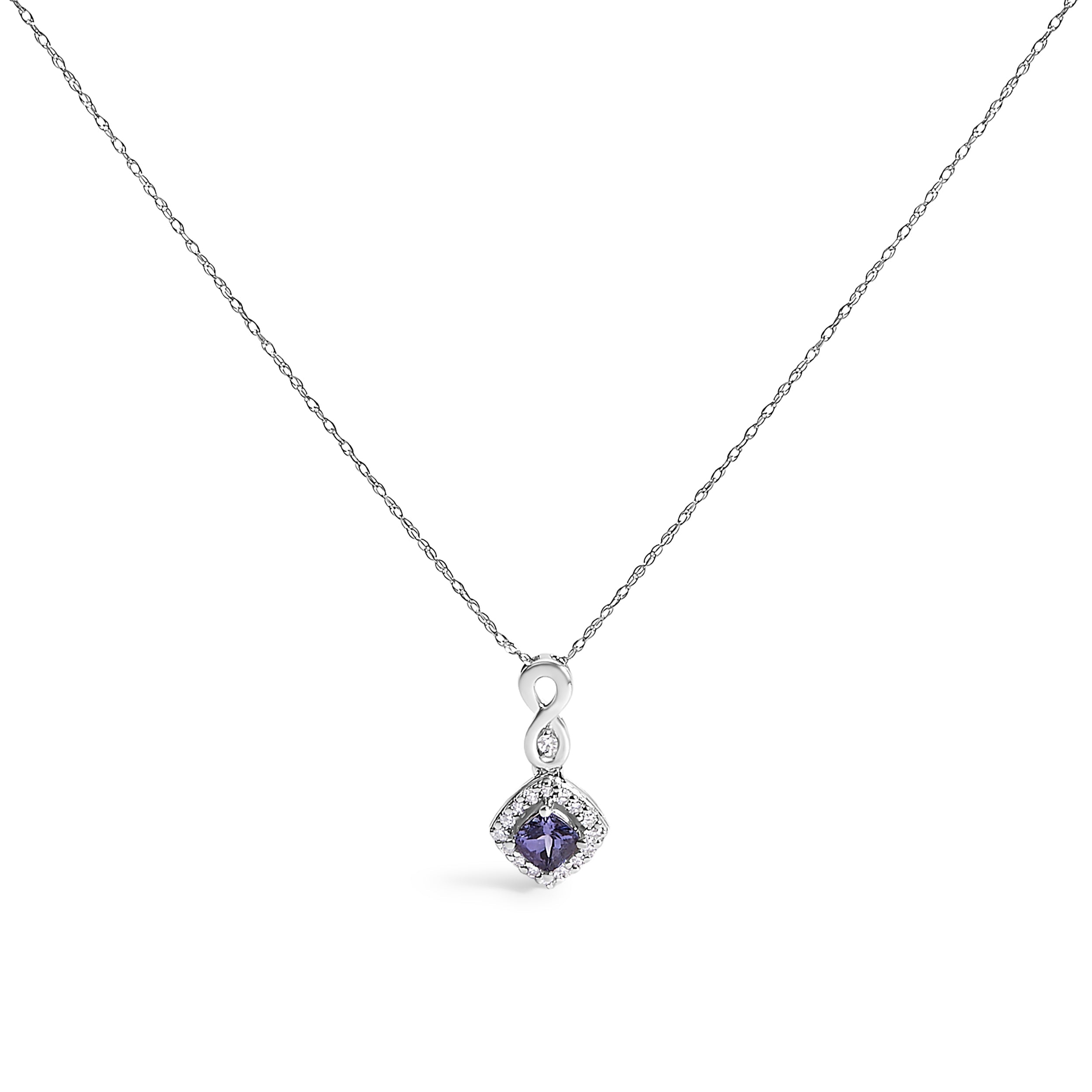 10K White Gold Blue Purple Tanzanite and Diamond Accent Cushion Drop Pendant Necklace - 18"